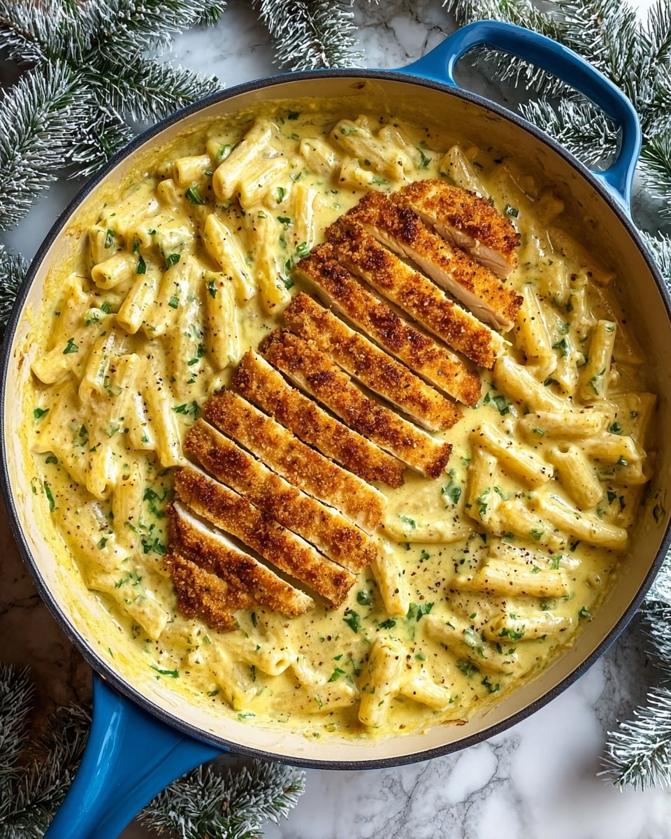 A blue skillet filled with creamy yellow pasta sauce mixed with penne pasta, speckled with green herbs and black pepper, fills the entire pan. On top, there is a golden-brown breaded chicken breast sliced into thick pieces lined up horizontally across the center. The skillet is set on a white marbled surface with frosted pine branches around it. Photo taken with an iphone --ar 4:5 --v 7