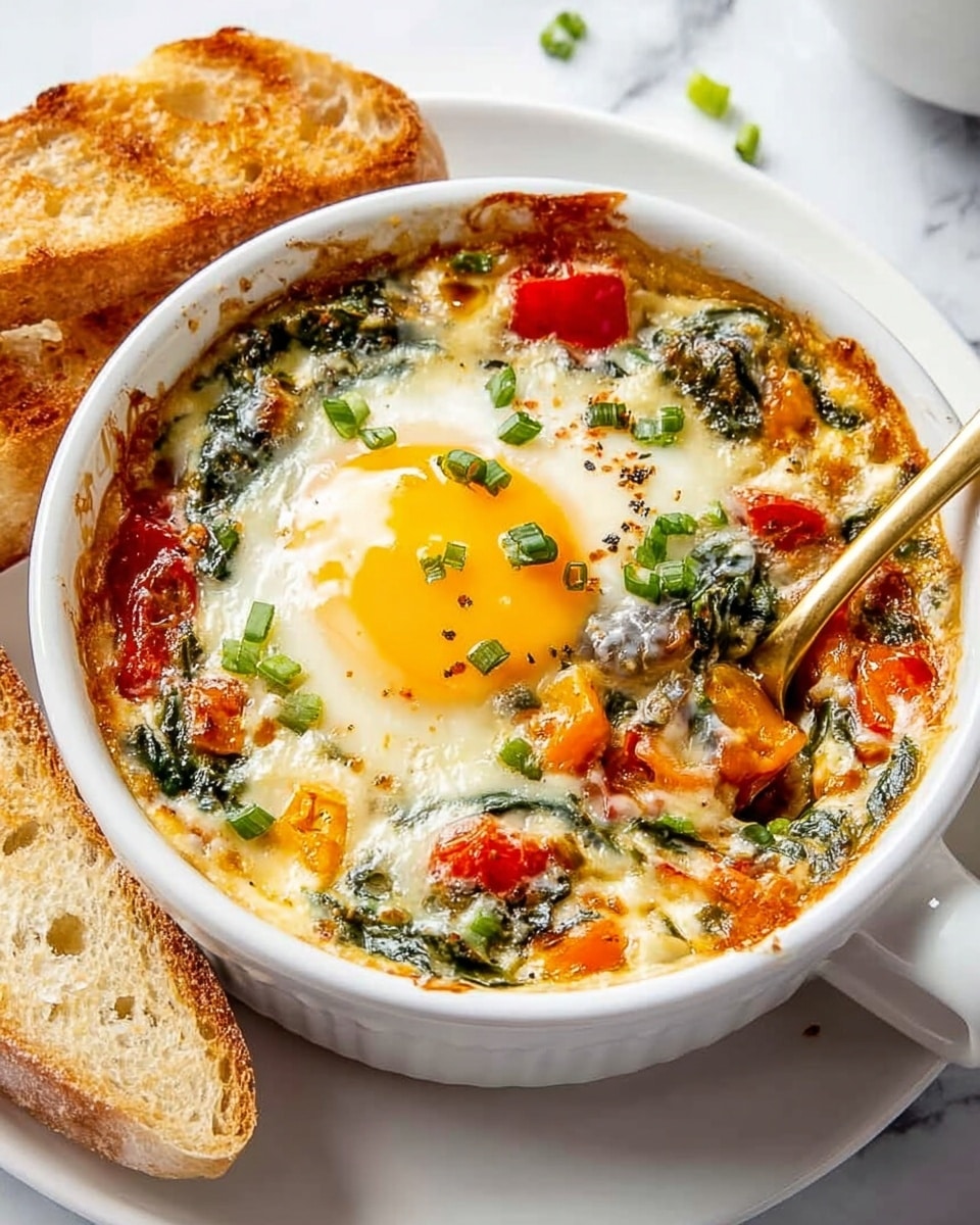 The image shows a white round ramekin filled with a baked dish layered with cooked spinach, diced tomatoes, and chunks of orange and red vegetables at the bottom. On top, there is a perfectly cooked egg with a bright yellow yolk in the center, surrounded by white, slightly melted cheese mixed with herbs and small green chopped scallions scattered over everything. A gold spoon is partially dipped into the dish on the right side, and the ramekin sits on a white round plate with two pieces of toasted bread next to it. The background is a white marbled surface with some scattered green scallion pieces. photo taken with an iphone --ar 4:5 --v 7