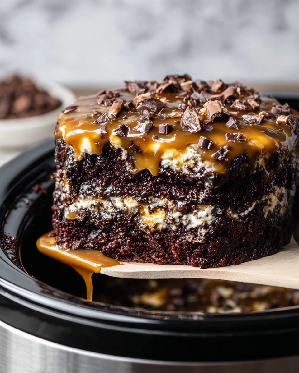A rich, moist chocolate cake with two visible layers of dark chocolate sponge soaked in a glossy, thick golden caramel sauce, topped with a layer of melted cream or marshmallow and sprinkled with small chunks of chocolate pieces. The cake is held above a black slow cooker with an outer silver stainless steel shell, resting on a light wooden spatula. The background shows a subtle white marbled texture beneath the cooker, creating a clean setting. photo taken with an iphone --ar 4:5 --v 7