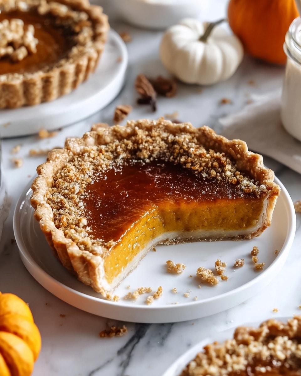 A close-up view of a partially eaten pumpkin pie on a white plate, showing three layers: a golden-brown crimped crust, a smooth bright orange pumpkin filling, and a shiny caramelized brown top layer with a slightly burnt look. The pie slice reveals the soft texture of the pumpkin filling inside. Around the plate are scattered crumbs and small clusters of nuts. In the background on the white marbled surface are parts of other similar pies and a small pumpkin, adding to the cozy fall theme. photo taken with an iphone --ar 4:5 --v 7