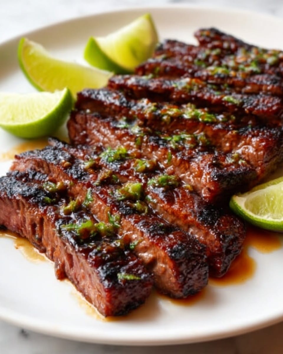 The image shows a white plate with several pieces of grilled meat arranged side by side, each piece cut into thick, rectangular strips. The meat is dark brown with visible grill marks and a shiny, slightly sticky glaze on the surface. Small green herb bits are sprinkled on top, adding a fresh touch. On the side of the plate, there are three lime wedges, bright green and juicy-looking, placed neatly around the meat. The background is a white marbled texture. Photo taken with an iphone --ar 4:5 --v 7
