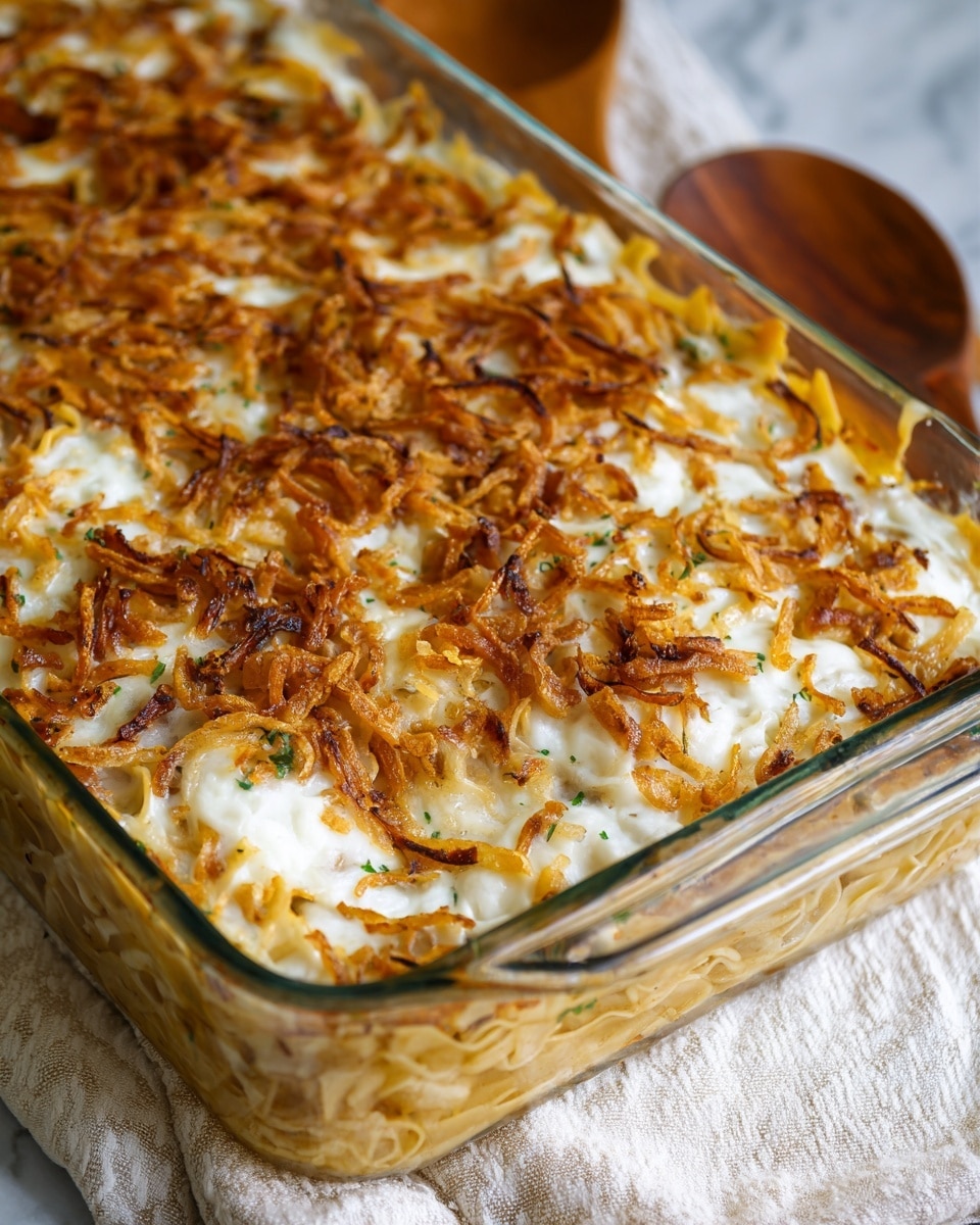 A close-up view of a glass baking dish filled with a layered casserole that has two main layers: a bottom layer of golden-brown baked noodles or pasta with a slightly creamy texture, and a thick top layer of melted white cheese covered with crispy, golden-brown fried onions scattered evenly across the surface. The edges of the casserole show some baked-on browning, adding a rustic feel, with hints of green herbs visible under the cheese. The dish rests on a white marbled textured cloth, and there is a wooden spoon placed nearby. Photo taken with an iphone --ar 4:5 --v 7