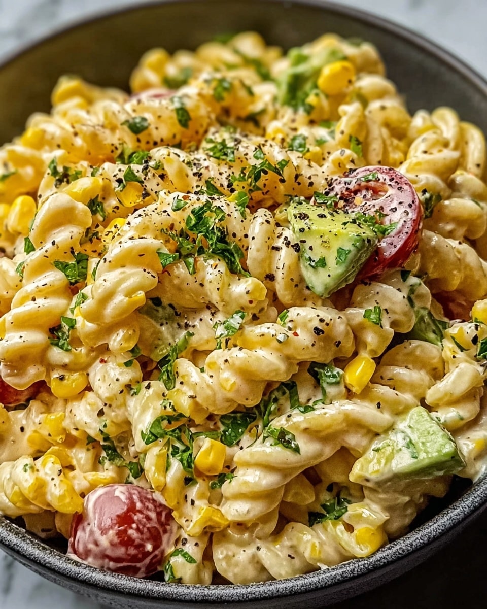 A close-up view of creamy pasta salad in a gray bowl on a white marbled texture, showing spiral pasta coated in a thick, light yellow sauce mixed with bright yellow corn kernels, small pieces of green avocado, and slices of red cherry tomatoes. The dish is sprinkled with finely chopped fresh dark green herbs and black pepper, all mixed together to create a colorful and creamy texture with visible sauce glistening on the pasta. Photo taken with an iphone --ar 4:5 --v 7