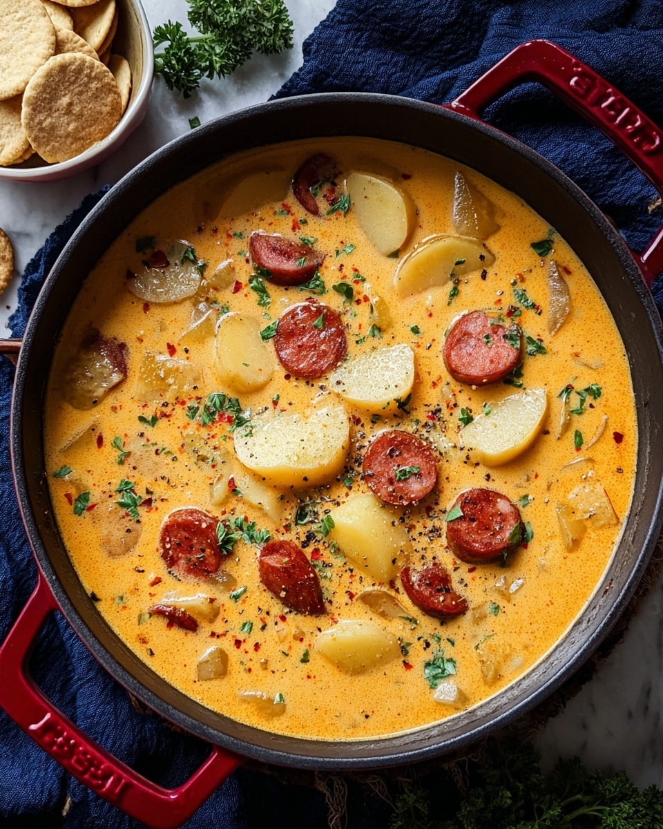 A round black pot with a red handle is filled with a creamy orange soup. Inside the soup, there are several slices of light yellow potato pieces and reddish-brown sausage slices scattered evenly. Small bits of green herbs and black pepper are sprinkled on top, adding texture and color contrast. The pot is placed on a white marbled surface with a dark blue cloth partially visible underneath. Near the top left corner, there are some crackers in a white bowl and fresh parsley sprigs nearby. photo taken with an iphone --ar 4:5 --v 7