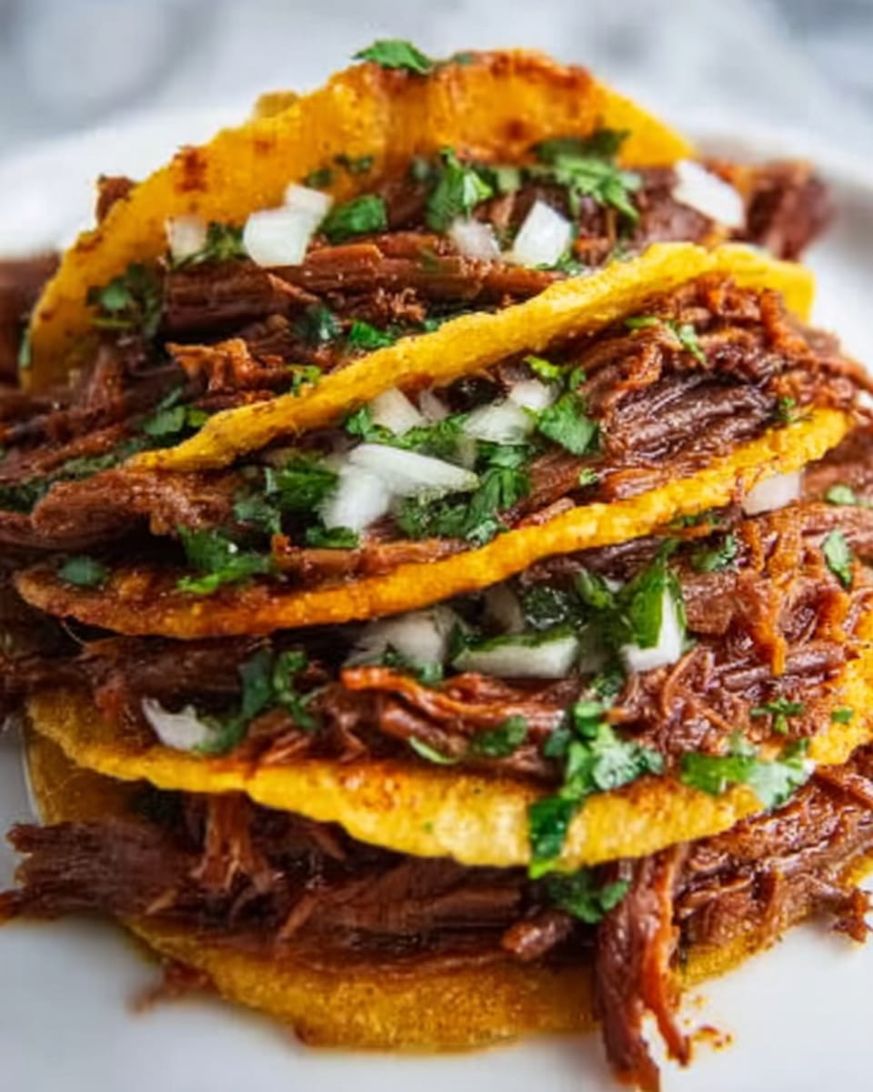 The image shows a stack of four tacos on a white plate placed on a white marbled surface. Each taco has a soft yellow tortilla folded in half, filled with shredded, juicy dark brown meat with a slightly crispy texture. On top of the meat, there are small pieces of white onion and green cilantro sprinkled evenly. The tacos are closely stacked, slightly overlapping each other, showing the layers of meat, onion, and herbs clearly. The colors are warm and fresh, with the yellow tortillas contrasting with the rich brown meat and vibrant green cilantro. Photo taken with an iphone --ar 4:5 --v 7