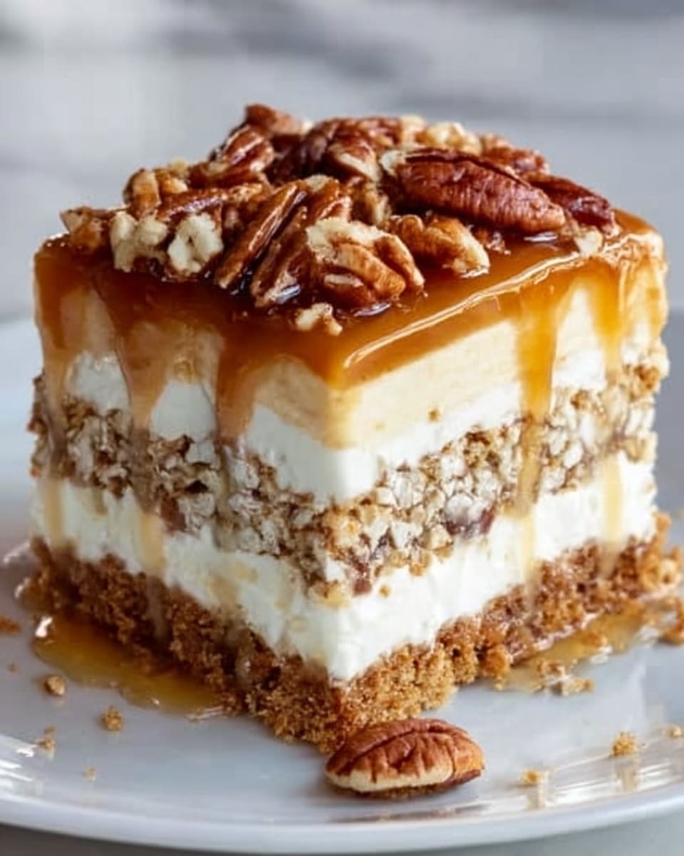 The image shows a slice of layered dessert on a white plate, placed on a white marbled surface. The dessert has four distinct layers: the bottom layer is a crumbly, light brown crust, followed by a thick layer of creamy white filling mixed with crunchy bits, then a smooth layer of white cream, and finally a topping of glossy caramel sauce covered with whole pecan nuts. The textures vary from crumbly and crunchy at the base to smooth and creamy in the middle, with a sticky shiny caramel layer on top. Photo taken with an iphone --ar 4:5 --v 7