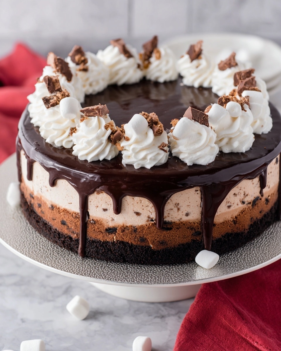 A three-layer round cake is shown with a dark brown base that looks dense and crumbly, a middle layer of light brown creamy filling with dark specks, and a top layer covered in shiny, smooth dark chocolate ganache dripping slightly down the sides. On the edge of the top, there are evenly spaced swirls of white whipped cream, each topped with small chocolate curls and a few small white round marshmallows scattered on and around the cake. The cake sits on a white plate with a textured metallic look and a white marbled surface beneath it, with a part of a red cloth nearby. Photo taken with an iphone --ar 4:5 --v 7