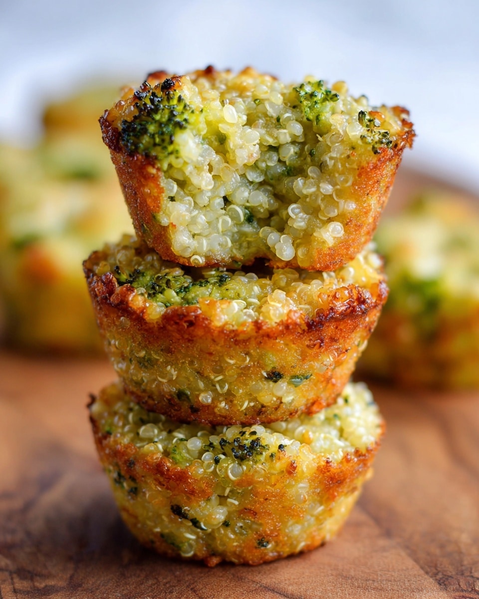 A close-up view of three stacked mini quinoa broccoli bites, each with a crispy, golden-brown outer edge and a soft, textured inside filled with fluffy white quinoa and small bright green broccoli pieces. The top bite shows slight browning and crispiness, while the middle and bottom bites reveal the light yellow quinoa grains mixed with green broccoli. In the blurred background, more similar quinoa broccoli bites rest on a smooth wooden surface. The image has a soft depth of field and natural lighting. Photo taken with an iphone --ar 4:5 --v 7
