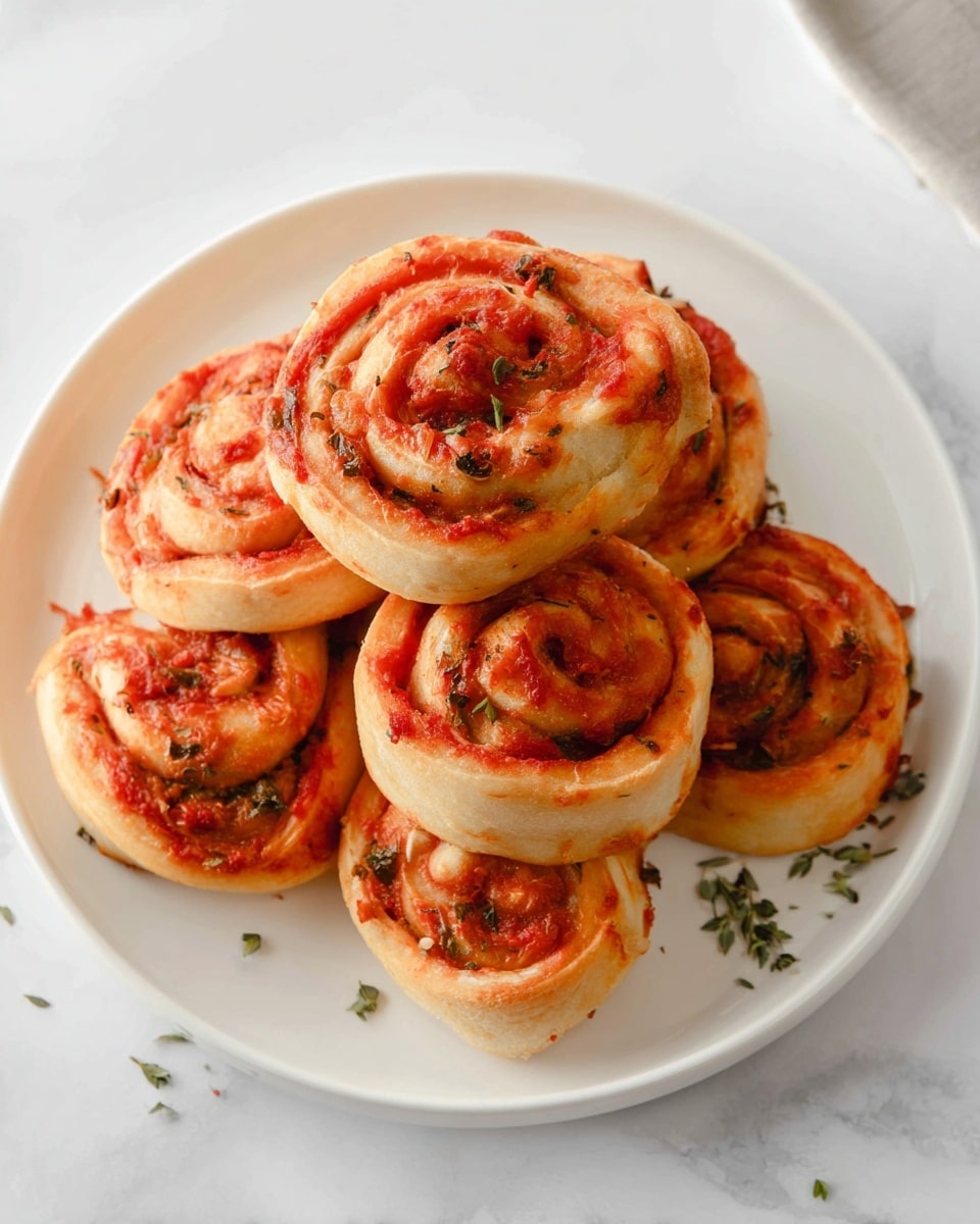 A white plate holds a stack of eight to ten pizza rolls, each with two visible layers: a light golden-baked dough outer layer, smooth and slightly browned on the edges, and an inner layer of bright red tomato sauce mixed with melted cheese and small bits of green herbs. The rolls show a spiral shape with the sauce and herbs swirled inside the light dough, creating a colorful pattern of red and green against the baked beige. The plate sits on a white marbled surface, with some small herbs scattered lightly around the rolls. photo taken with an iphone --ar 4:5 --v 7