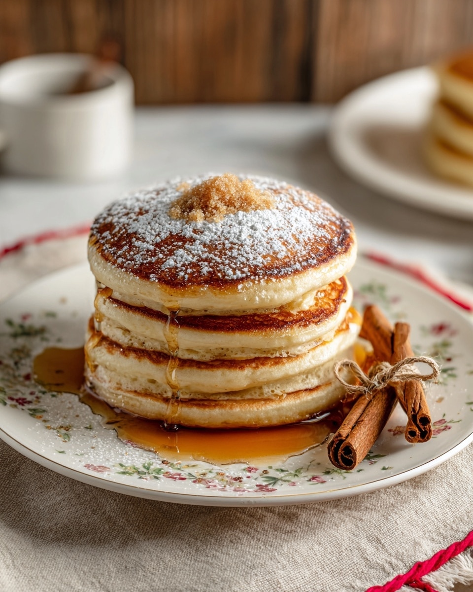 A stack of four thick, fluffy pancakes with a golden-brown top layer sits in the center of a white plate with a delicate floral pattern. The pancakes are light beige with slightly darker edges. A light dusting of powdered sugar covers the top pancake, which has a small mound of brown sugar in the middle. Amber syrup slowly drips down the side, pooling around the base of the stack on the plate. On the right side of the pancakes, there are three cinnamon sticks tied together with a small string. The plate rests on a neutral linen cloth with red stitching on a white marbled surface. In the background, there is a blurred second stack of pancakes on a white plate. photo taken with an iphone --ar 4:5 --v 7