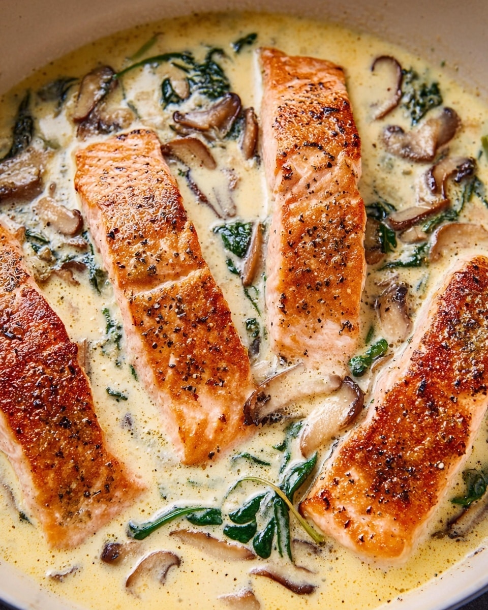 The image shows four golden-brown cooked salmon fillets arranged in a shallow white pan filled with a thick creamy sauce. The sauce is pale yellow with a smooth, slightly bubbly texture and contains dark green leafy herbs and thin strips of brown mushrooms scattered throughout. Each fillet has a crispy, lightly peppered surface with visible grill marks and a soft, juicy inside. The overall look is rich and comforting, with the salmon partly submerged in the creamy sauce surrounded by the herbs and mushrooms. photo taken with an iphone --ar 4:5 --v 7