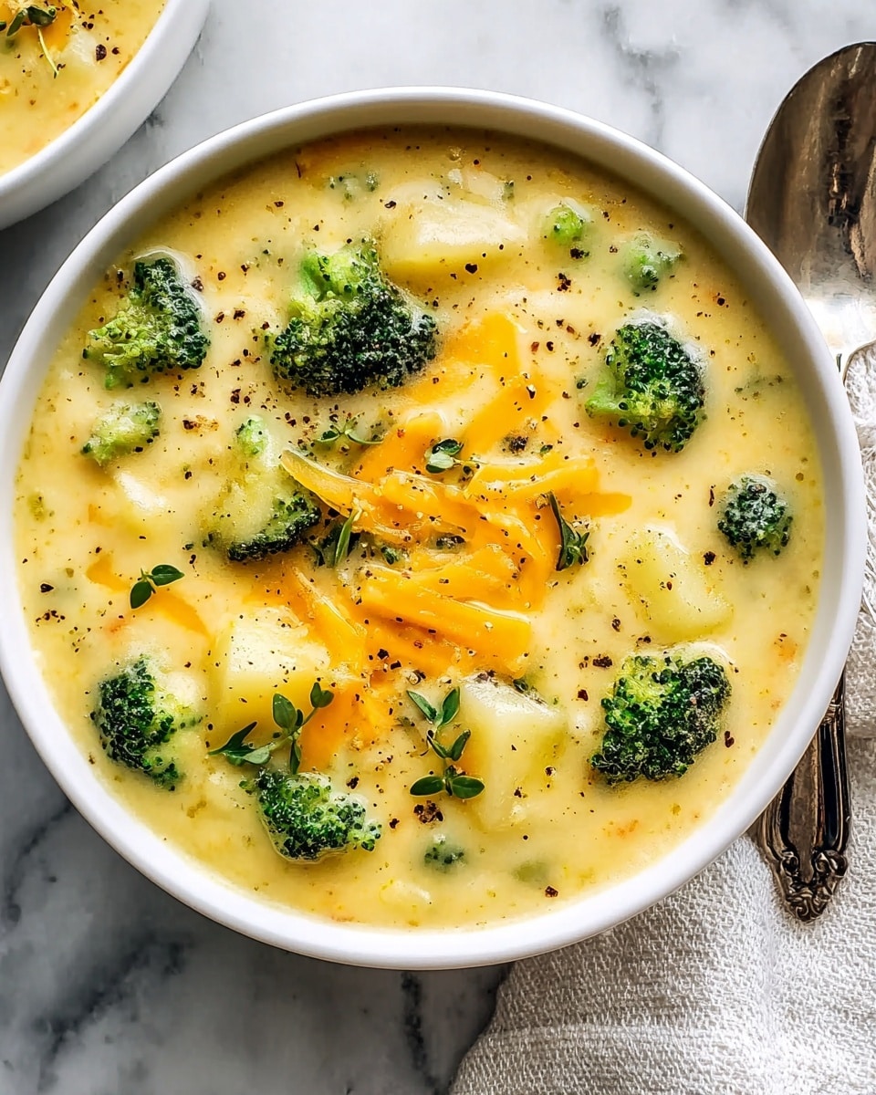 A white bowl filled with creamy soup that has a thick, smooth yellow base with small chunks of soft potatoes and bright green broccoli florets scattered throughout. On top, there are thin shreds of orange cheese melting slightly into the soup, with small green herb leaves and a sprinkling of black pepper adding texture and color. The bowl is placed on a white marbled surface, with a silver spoon and part of a white cloth napkin nearby. Photo taken with an iphone --ar 4:5 --v 7