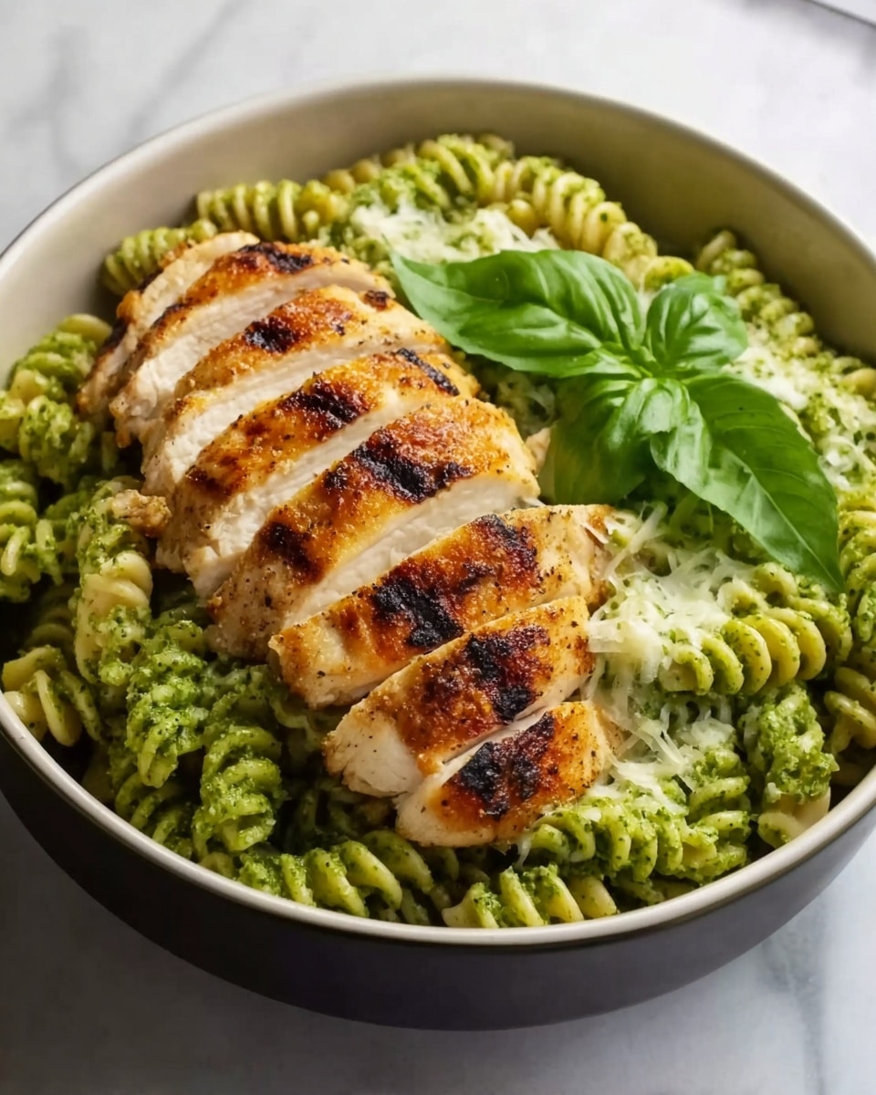 A white bowl filled with green pesto pasta shaped like small spirals, evenly spread on the bottom layer. On top of the pasta, there is a layer of sliced grilled chicken breast with clear, dark grill marks and slightly golden edges. The chicken slices are arranged neatly in a row. Bright green basil leaves are placed around the chicken, adding a fresh touch to the dish. The whole bowl is set on a white marbled background. Photo taken with an iphone --ar 4:5 --v 7