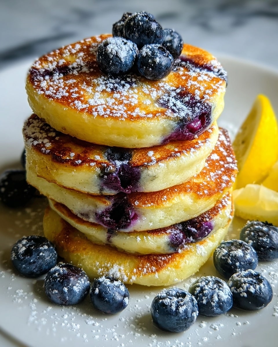 A white plate holds a stack of six thick, round blueberry pancakes with golden brown tops and light yellow sides showing their soft texture. Each pancake has visible inside blueberries that create dark purple patches along the edges. Fresh blueberries are placed on top and around the pancakes, all lightly dusted with white powdered sugar. A bright yellow lemon wedge is placed at the back right of the plate. The whole scene sits on a white marbled surface. photo taken with an iphone --ar 4:5 --v 7