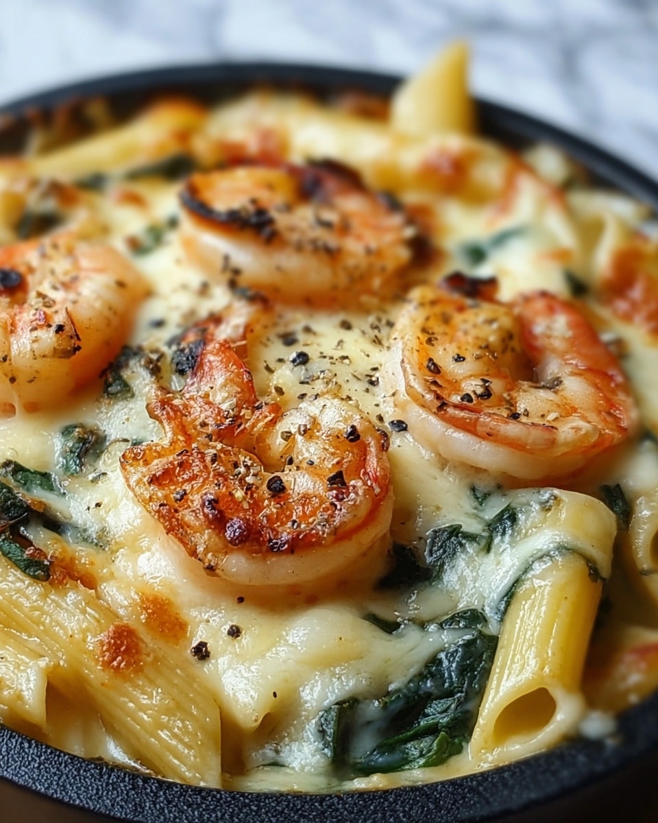 A close-up of a creamy baked pasta dish served in a round black bowl, showing three plump shrimp with a light pink color and slight charred spots, sitting on top. Beneath the shrimp are golden-browned melted cheese layers mixed with spinach bits, and penne pasta with a pale yellow shade partly covered by the cheese. The dish has a speckled appearance from black pepper sprinkled on the shrimp and cheese, with a smooth and bubbly texture highlighting the melted cheese. The background is a white marbled texture. photo taken with an iphone --ar 4:5 --v 7