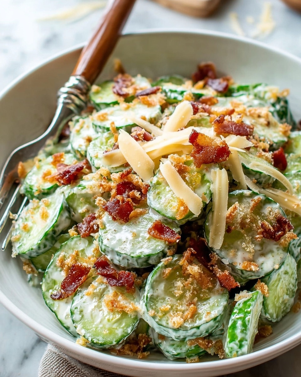 A close-up of a white bowl filled with a creamy cucumber salad showing thick cucumber slices coated in a white dressing, scattered with golden brown crispy bits and small pieces of reddish-brown bacon. Thin shavings of pale yellow cheese are placed on top, adding texture and color contrast. A fork with a wooden handle rests inside the bowl, near the top edge. The bowl sits on a white marbled surface. photo taken with an iphone --ar 4:5 --v 7