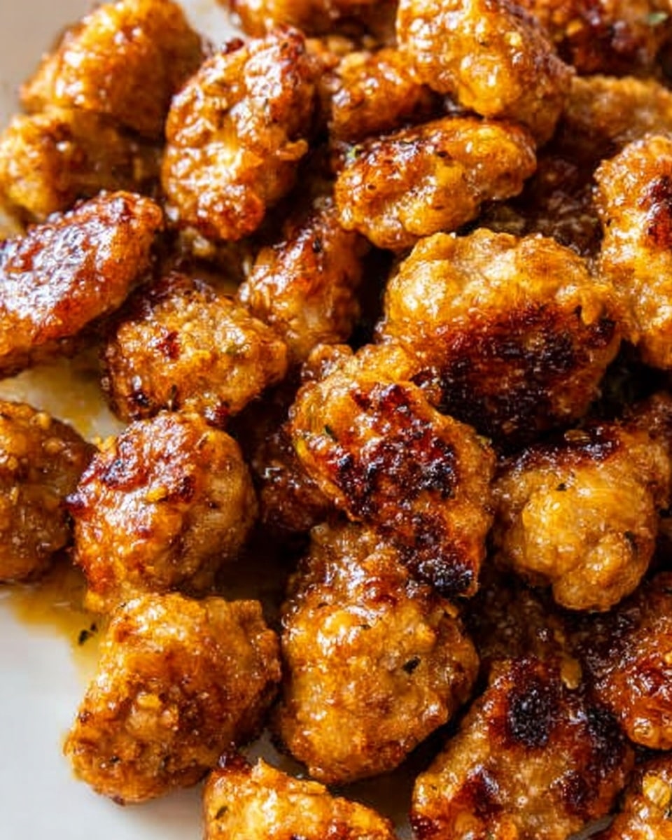 The image shows many small golden-brown fried chicken pieces with a crispy texture and some darker grilled spots, piled closely together, covered in a shiny glaze sauce that gives them a juicy and appetizing look. The chicken pieces vary in size, with a mix of round and slightly irregular shapes, and the sauce makes them look moist and sticky. The background is a white marbled surface. Photo taken with an iphone --ar 4:5 --v 7