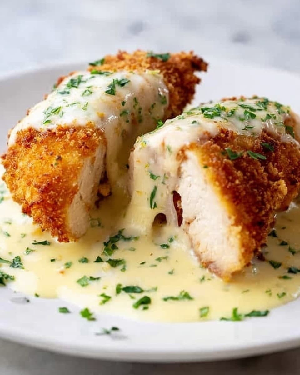 A white plate holds two pieces of golden brown, crispy fried chicken breasts covered in creamy white cheese sauce. One piece is whole, while the other is cut open, showing tender white chicken inside with melted cheese oozing out. The sauce has a smooth texture and is sprinkled with small green herb bits on top and around the chicken. The plate sits on a white marbled surface. Photo taken with an iphone --ar 4:5 --v 7