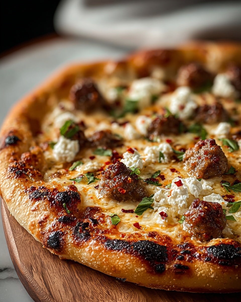 A close-up view of a thick, golden-brown pizza crust with some charred spots around the edges, topped with a layer of melted mozzarella cheese. On top, there are small browned sausage pieces spread evenly, dollops of white ricotta cheese, and scattered green herb leaves, with a few red pepper flakes sprinkled around. The pizza is resting on a wooden board with a blurred background showing a woman's hand in the distance. The surface beneath has a white marbled texture. photo taken with an iphone --ar 4:5 --v 7