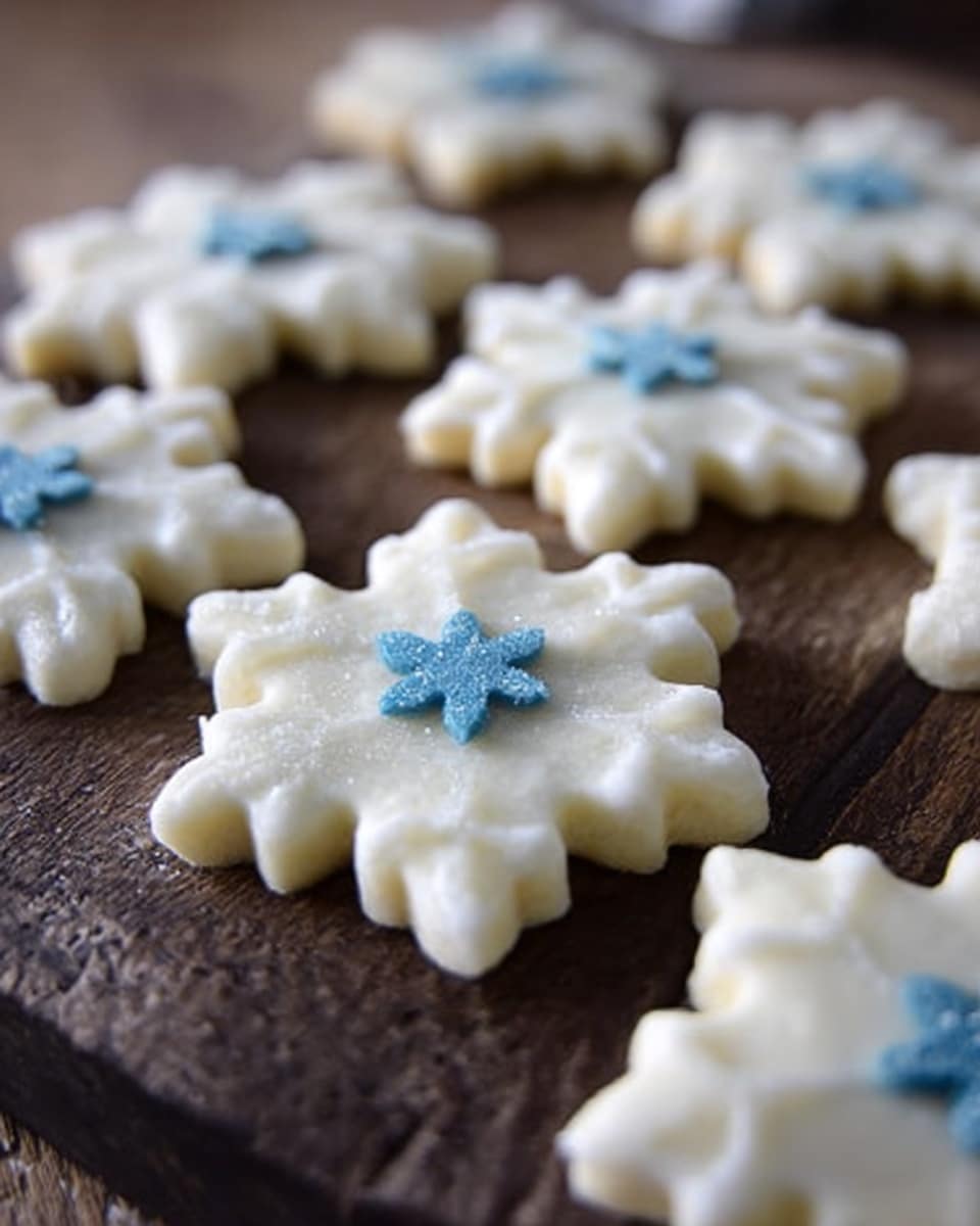 The image shows several snowflake-shaped cookies on a dark wooden surface, each cookie having a smooth, pale white texture. In the center of each snowflake is a small, blue snowflake decoration that adds a touch of color and detail. The cookies are arranged close to each other, covering most of the visible surface, and have clear, defined edges. The focus is on the cookie in the middle, with other cookies softly blurred in the background. photo taken with an iphone --ar 4:5 --v 7