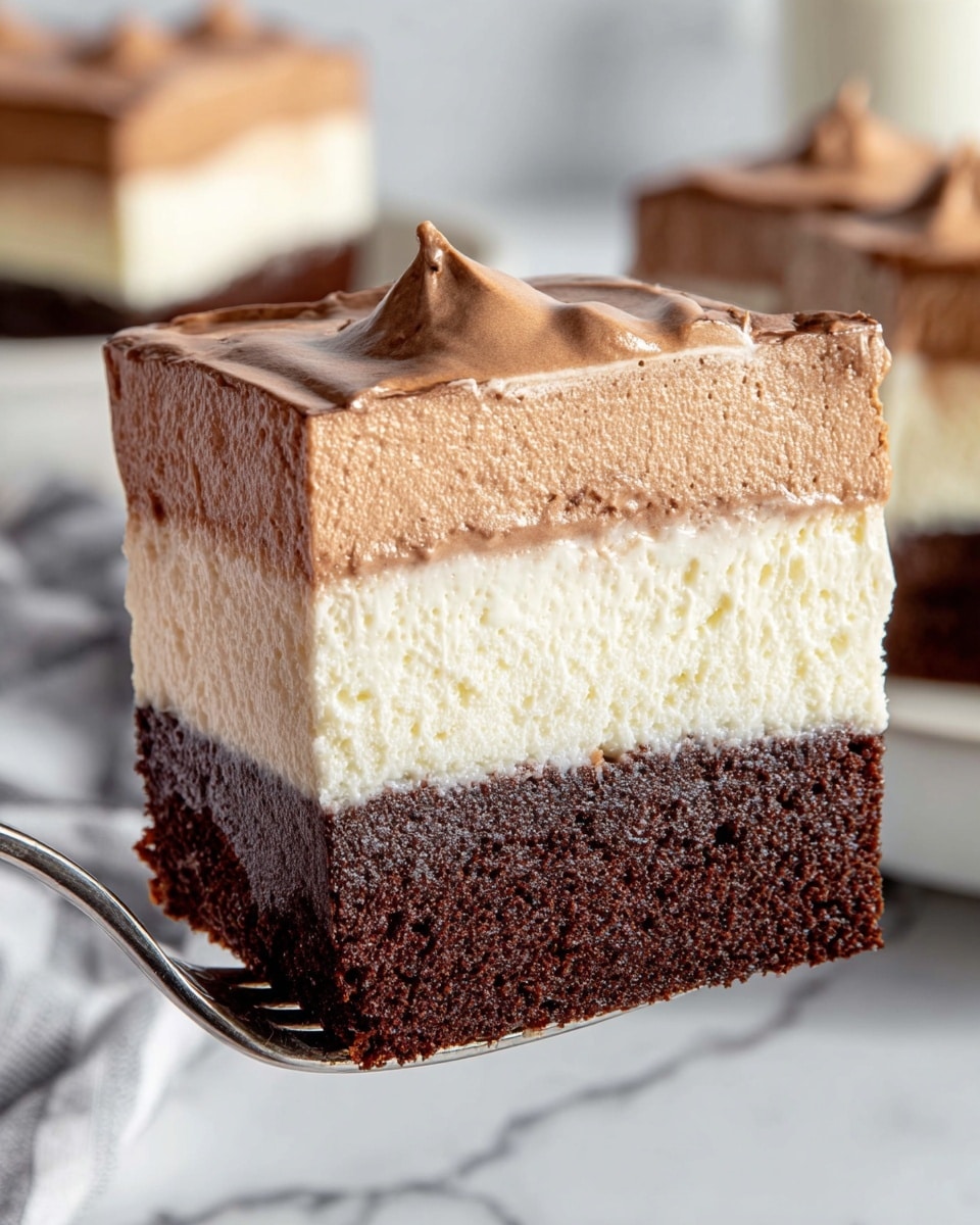 The image shows a piece of dessert with three distinct layers. The bottom layer is dark brown, rich and moist with a slightly shiny texture. The middle layer is creamy white, smooth and thick, looking like a cheesecake or cream filling. The top layer is a light brown, fluffy mousse with a slightly glossy, soft surface and small peaks. The piece is cut neatly, and it is held by a silver fork. The background is a white marbled texture, and you can see more of the dessert in the background. photo taken with an iphone --ar 4:5 --v 7