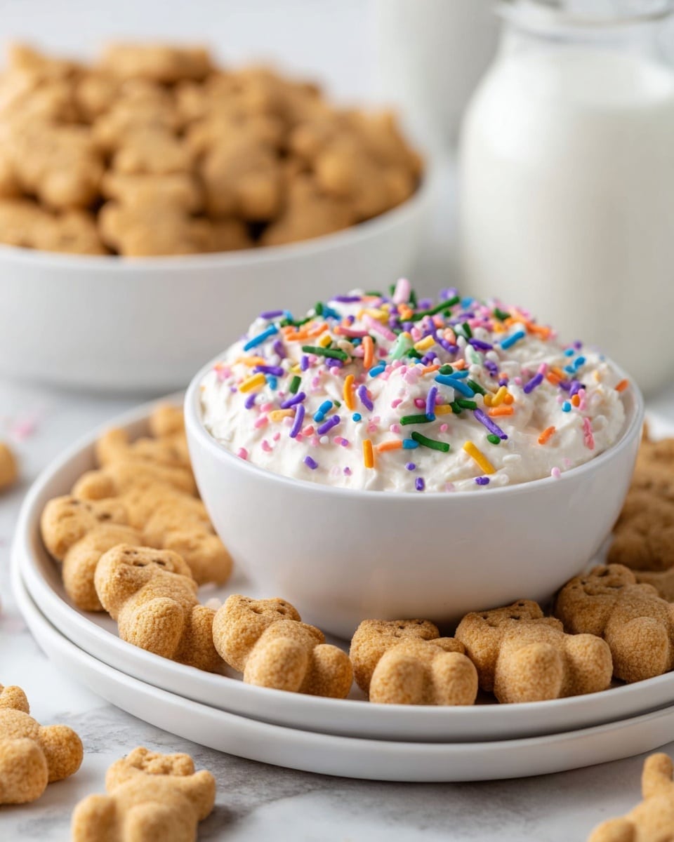 A close-up image showing a white bowl filled with thick white creamy dip topped with colorful round and stick sprinkles in purple, blue, orange, green, pink, and yellow. The bowl is placed on a white plate surrounded by small light brown bear-shaped crackers that have a textured surface. In the blurred background, there is a white bowl filled with more bear-shaped crackers and a glass bottle of milk. The whole scene is set on a white marbled texture. photo taken with an iphone --ar 4:5 --v 7