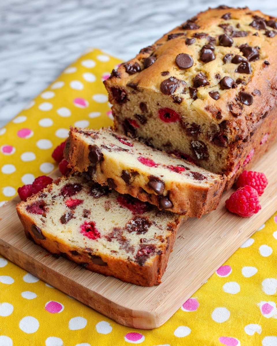 A thick loaf of cake is sliced with two visible slices lying flat beside it on a wooden board. The cake has a golden brown crust with a soft inside that is light beige in color, filled with dark brown chocolate chips and bright red raspberries scattered throughout. The texture looks moist and dense, with pieces of fruit and chocolate clearly seen in every layer. The board is placed over a yellow cloth with white and pink polka dots, set against a white marbled background. Photo taken with an iphone --ar 4:5 --v 7