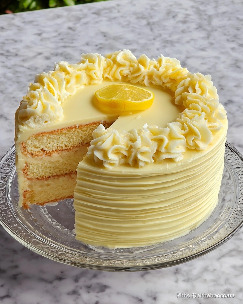 A two-layer round cake with light yellow smooth frosting covering the outside evenly and thickly. Each layer inside is a soft, light sponge with a thin creamy filling between them. The top is decorated with piped swirls of the same light yellow frosting around the edge and a single small lemon wedge in the center. The side frosting has a textured striped pattern. The cake sits on a clear glass plate placed on a white marbled surface. Photo taken with an iphone --ar 4:5 --v 7