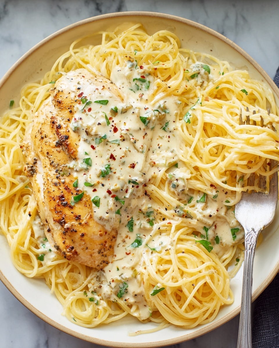 A plate filled with a bed of thin yellow spaghetti noodles forms the bottom layer, with creamy white sauce lightly coating the pasta and pooling in some areas. On top, a large piece of grilled chicken breast with a golden brown sear sits to one side, covered partially in the same creamy sauce. Small green herb pieces are scattered over the dish, adding contrast along with a sprinkling of black pepper and red flakes. A silver fork is twirling some noodles near the bottom right of the plate. The plate is placed on a white marbled surface. photo taken with an iphone --ar 4:5 --v 7