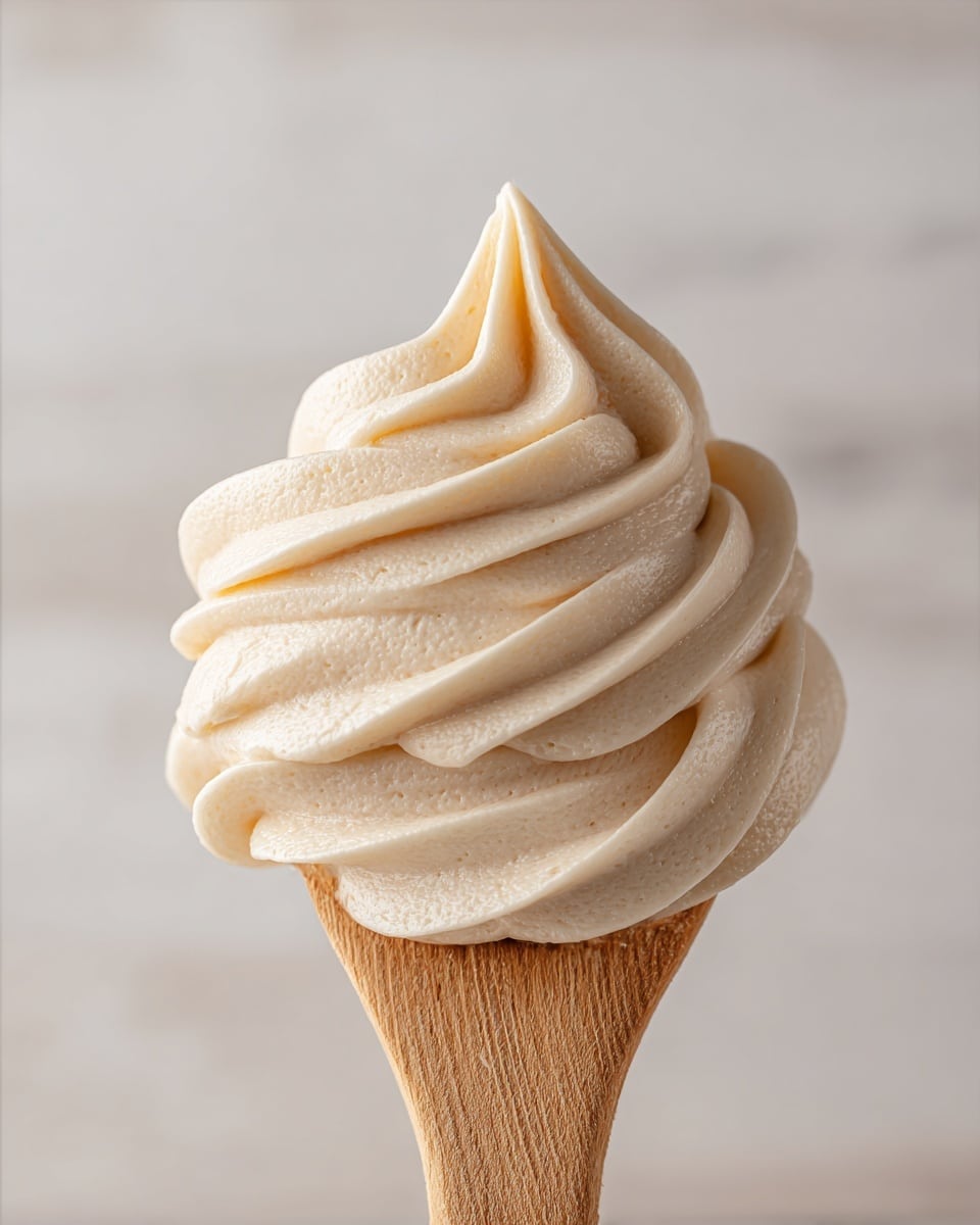 A close-up image of a soft, smooth, creamy frosting with a light beige color, swirled into three visible layers with delicate, flowing ridges and curves that create a peak at the top. The frosting sits on a light wooden spoon with visible grain texture, held upright against a soft white marbled background that is blurred out. The focus is sharp on the texture and shape of the frosting, showing its smooth and slightly airy consistency. photo taken with an iphone --ar 4:5 --v 7