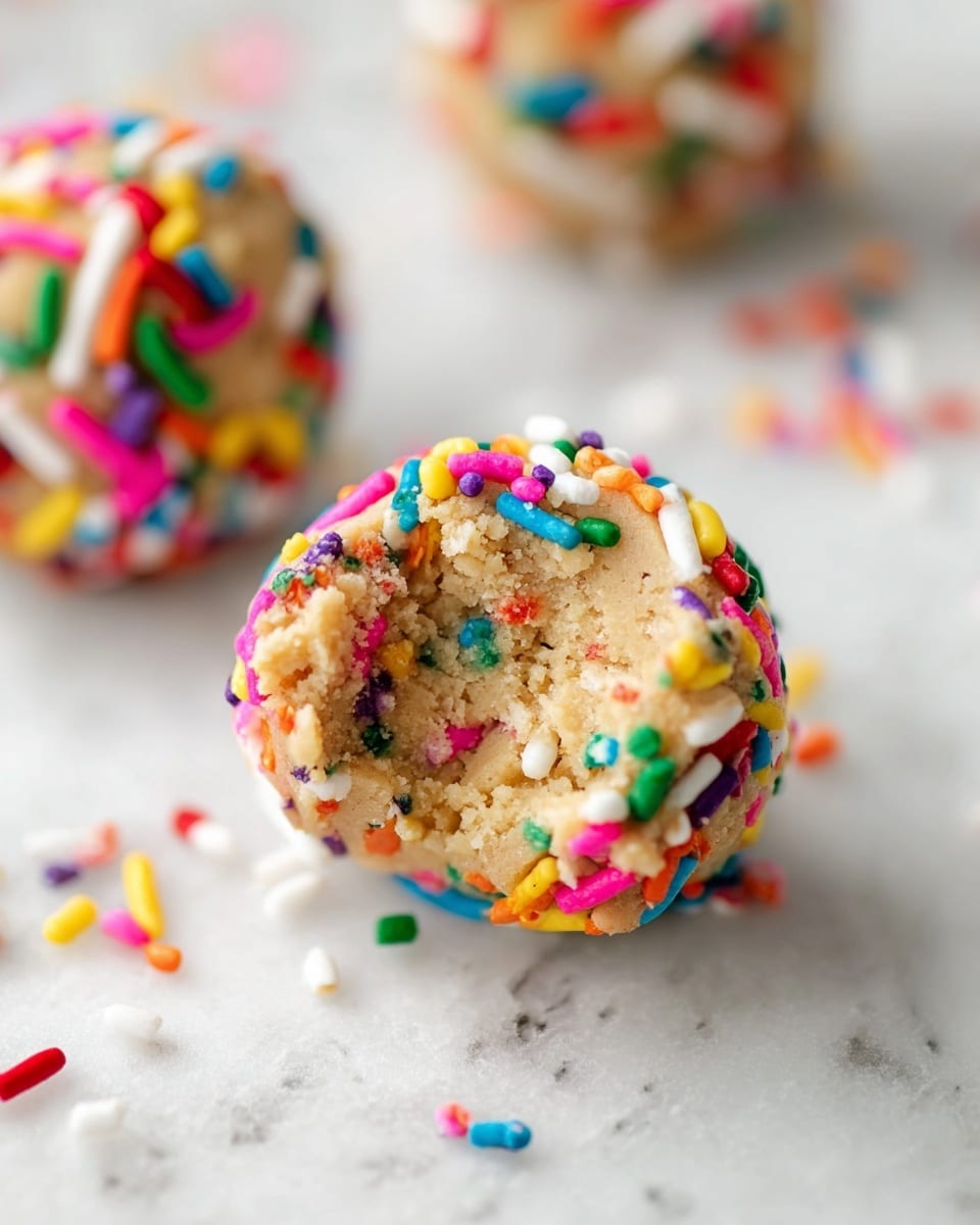 The image shows a close-up of a small round ball of cookie dough covered with colorful sprinkles on the outside. The dough is light beige with a soft, crumbly texture, and one side of the ball is bitten off, revealing the inner dough mixed with small, colorful sprinkles throughout. The sprinkles on the outside are a mix of long, thin, and small round shapes in bright colors like red, green, yellow, pink, blue, white, orange, and purple. The dough balls are placed on a white marbled textured surface, with one full ball blurred in the background and some scattered sprinkles around. Photo taken with an iphone --ar 4:5 --v 7