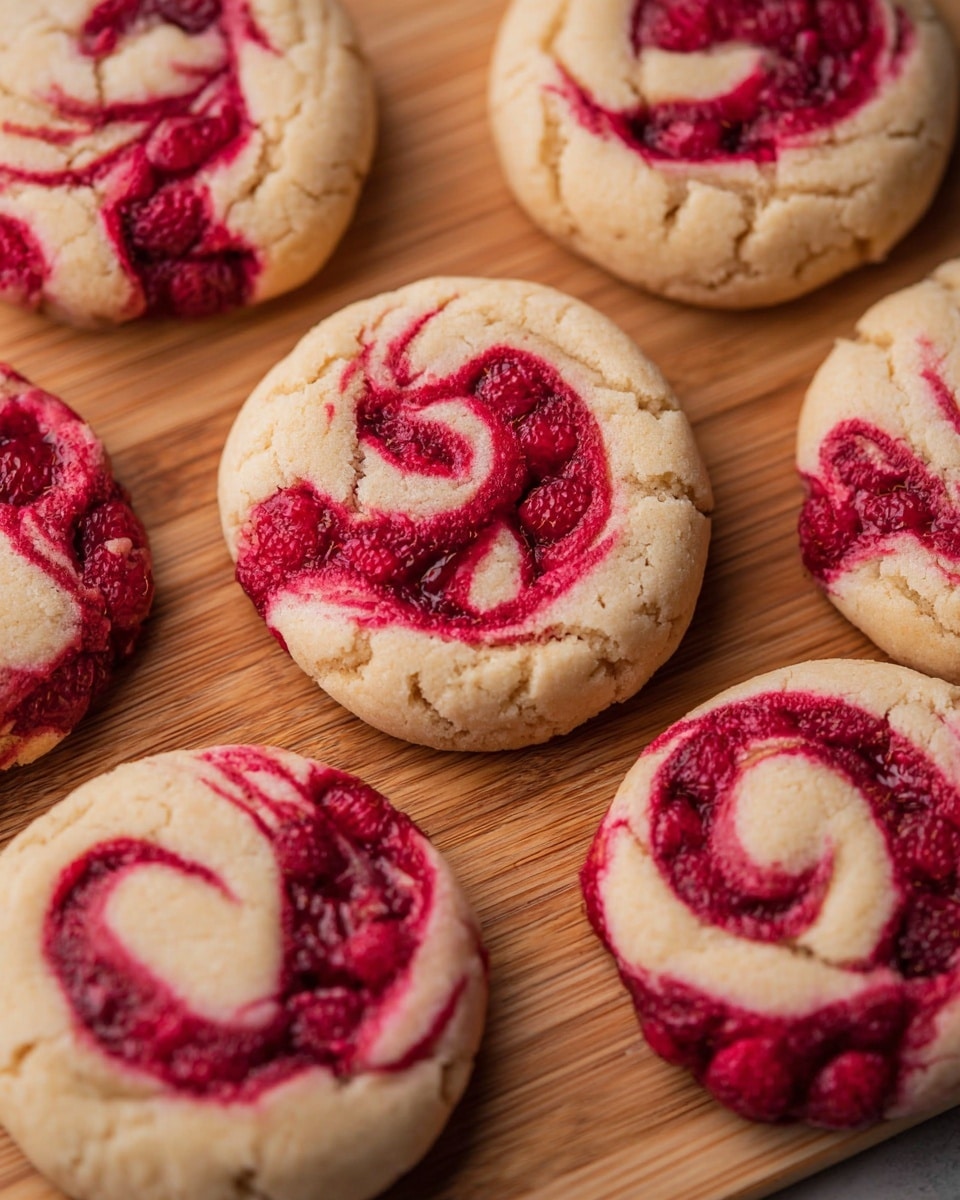 The image shows a group of round cookies placed on a wooden board with a smooth texture. Each cookie has two main layers: the base layer is a light beige, slightly cracked dough that looks soft and crumbly. Swirled on top is a bright red, glossy raspberry layer with whole raspberries embedded in it, creating a marbled swirl effect. The raspberry layer adds a moist and vibrant contrast to the pale dough. The cookies are arranged closely together, filling the board evenly. photo taken with an iphone --ar 4:5 --v 7