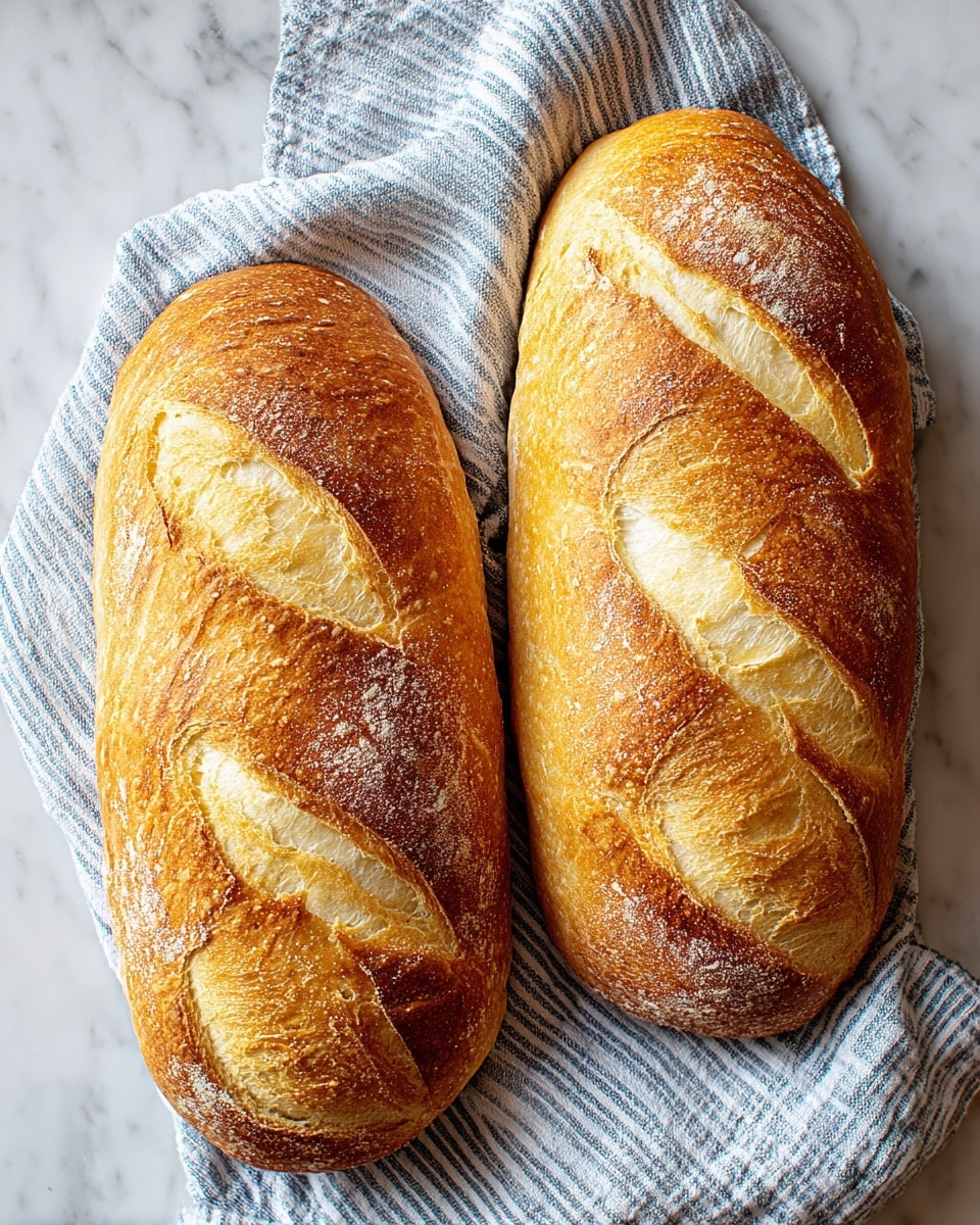 Two golden brown loaves of bread with a shiny, crispy crust sit side by side on a blue and white striped cloth. Each loaf has three diagonal cuts on top, showing a soft, fluffy interior with airy texture through the light, creamy slashes. The bread’s surface has a slight dusting of flour and a smooth, toasted look with a mix of light and dark brown shades. The cloth rests on a white marbled textured surface, making the loaves stand out clearly. photo taken with an iphone --ar 4:5 --v 7