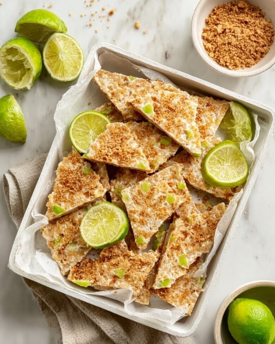 The image shows a white square tray filled with several triangular pieces of a flat, baked snack that has a rough, crunchy texture with small brown bits on top. Bright green lime slices are scattered evenly among the pieces, adding a fresh pop of color. The tray is lined with white parchment paper, and the whole setup sits on a white marbled surface. In the top right corner, there are two small white bowls, one with crushed brown bits and the other with some green limes, slightly out of focus. photo taken with an iphone --ar 4:5 --v 7
