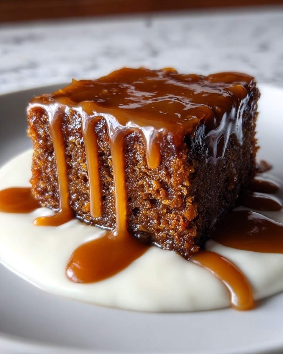 A single square piece of rich brown sticky toffee pudding with a rough, moist texture is placed on a white plate. The top of the pudding is thickly coated with glossy caramel sauce, which drips down the sides in thick ribbons. Beneath the pudding, there is a smooth white cream base spreading out unevenly on the plate, partially covered by pools of the thick caramel sauce. The background is a white marbled texture. photo taken with an iphone --ar 4:5 --v 7