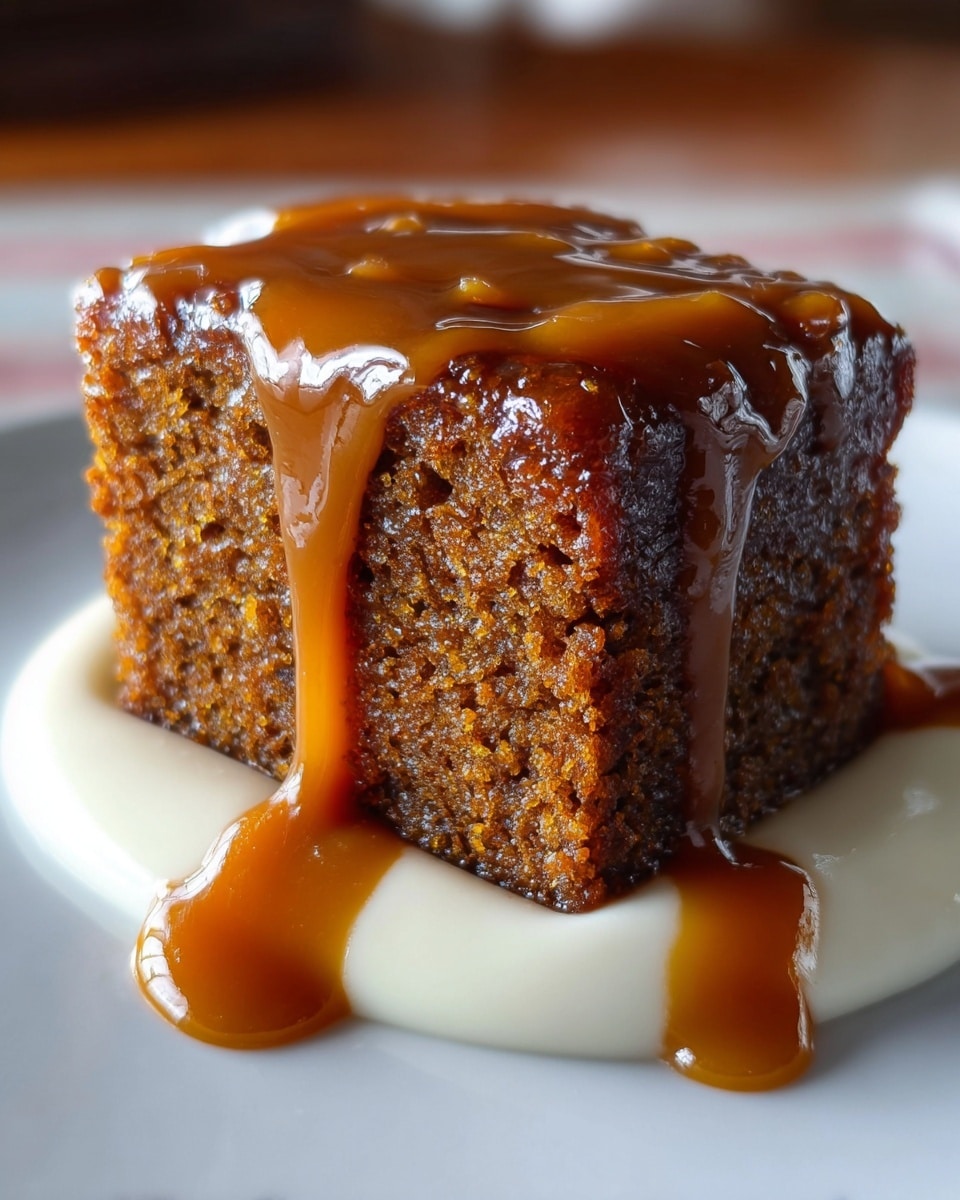 A close-up view of a single thick slice of dark brown sticky cake with a moist texture, sitting on a white plate. The cake is topped with a shiny caramel sauce that drips down the sides, pooling on the plate. Underneath the cake, there is a smooth, creamy white layer of sauce that contrasts with the rich caramel and cake colors. The white marbled surface can be seen faintly around the plate edges, adding a soft background to the dessert. photo taken with an iphone --ar 4:5 --v 7