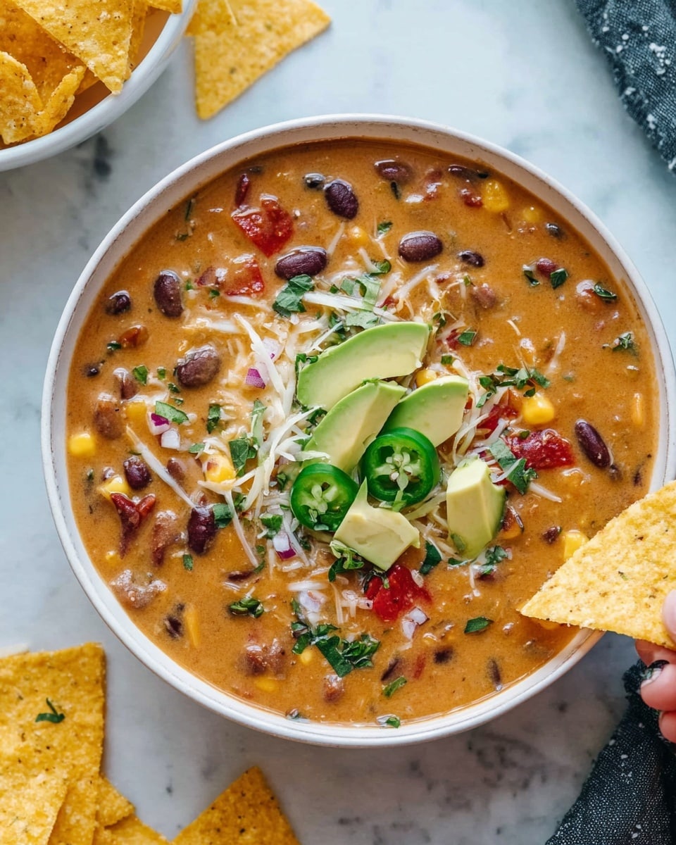 A white bowl filled with a thick, creamy orange-brown soup that contains visible pieces of black beans, kidney beans, corn, and red bell pepper chunks. The soup is topped with a few slices of fresh green jalapeño, light green avocado wedges, shredded white cheese, small red pepper cubes, finely chopped green herbs, and broken yellow tortilla chips scattered on top and around the edge. Another white bowl with whole tortilla chips sits nearby on a white marbled surface, with a portion of a woman's hand holding a tortilla chip dipped in the soup on the right side. photo taken with an iphone --ar 4:5 --v 7