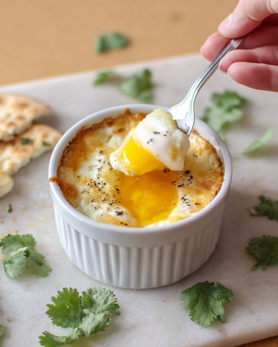 A white ramekin filled with a baked dish showing two main layers: a golden brown melted cheese layer on top with some black pepper specks, and a smooth white layer of cooked egg beneath. A spoon held by a woman's hand is lifting a portion, revealing the bright, runny yellow egg yolk in the center. The bowl is set on a white marbled textured surface with pieces of torn flatbread and fresh green cilantro leaves scattered around. photo taken with an iphone --ar 4:5 --v 7