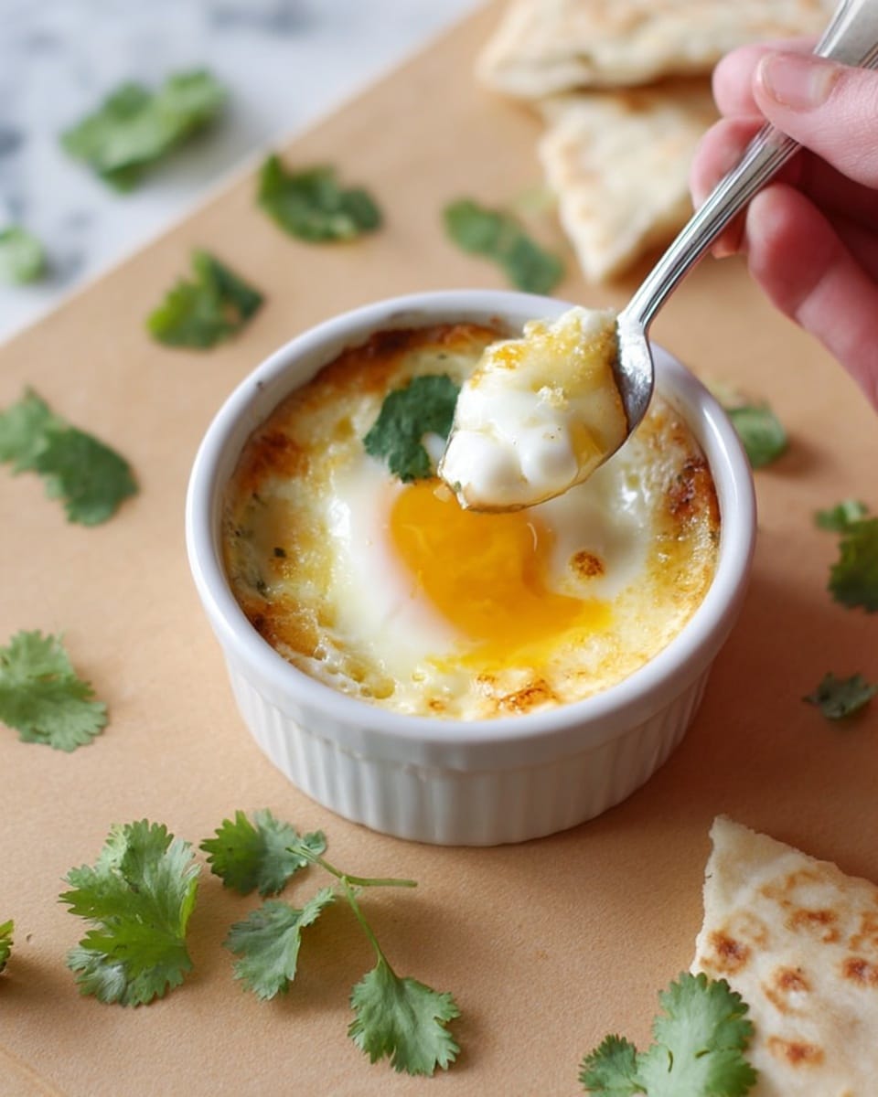 A small, white ceramic ramekin filled with a baked dish featuring a golden, slightly browned cheese layer on top, beneath which a smooth white egg white and a runny, bright orange yolk are visible. A silver spoon held by a woman's hand is lifting a portion of the dish, showing the soft egg yolk dripping slightly. The ramekin sits on a light wooden surface with scattered fresh green cilantro leaves and pieces of pale flatbread around it, all against a white marbled texture. Photo taken with an iphone --ar 4:5 --v 7