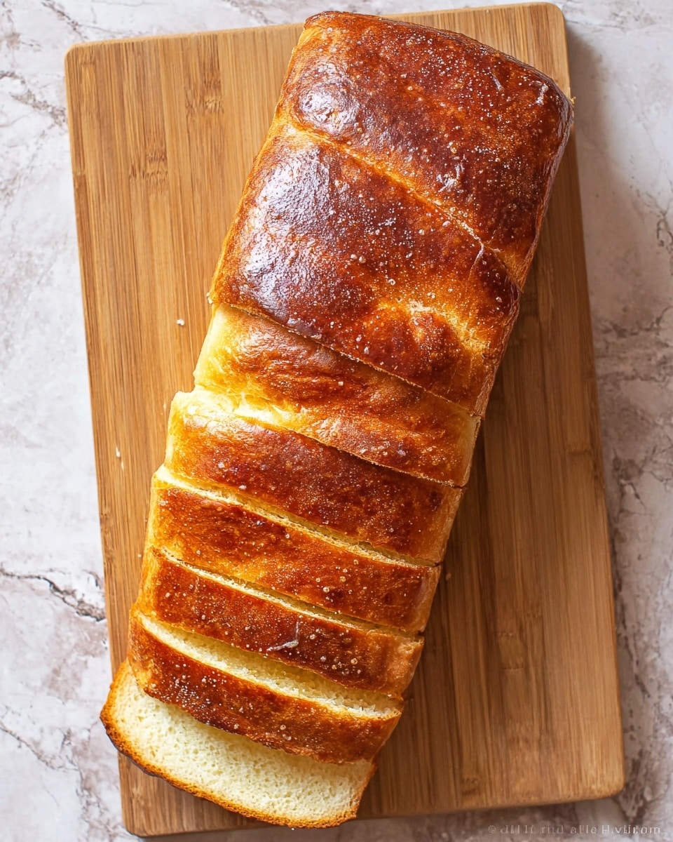 A rectangular loaf of bread with a shiny, dark golden brown crust is shown on a light wood cutting board. The bread is sliced into six even pieces on one side, with a visible soft, slightly yellow inside layer under the crust. The crust has a slightly rough texture with small bubbles and a crack near the center, showing a thicker top layer. The cutting board rests on a white marbled textured surface that looks smooth and clean. photo taken with an iphone --ar 4:5 --v 7