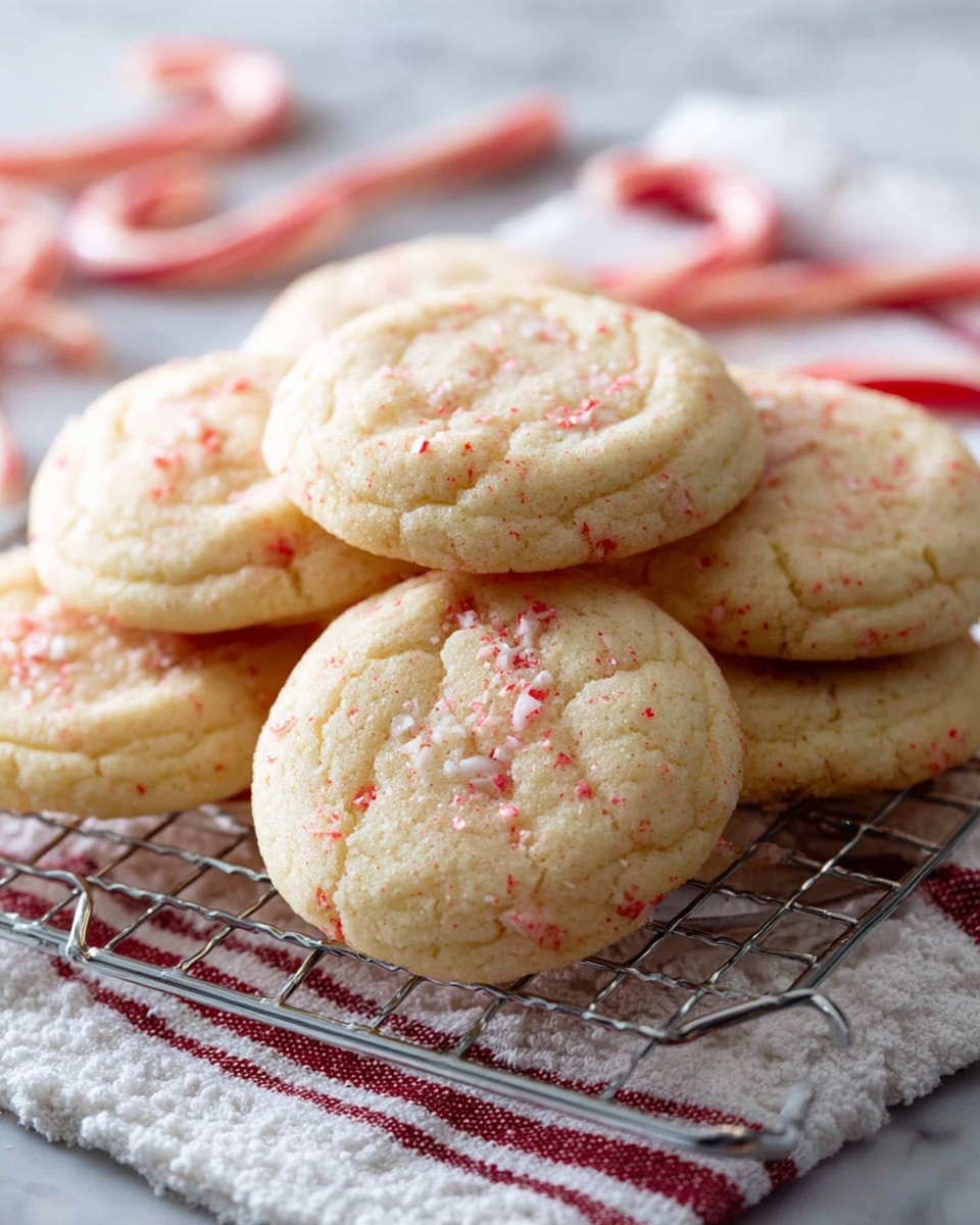 A pile of round cookies stacked on a silver cooling rack sits on top of a white textured cloth with red stripes, all placed on a white marbled surface. The cookies are pale cream in color with a soft, slightly cracked texture and are speckled with small red bits, suggesting a peppermint or candy cane flavor. The cookies have a slightly risen center and a textured edge, giving them a homemade look. In the blurred background, several red and white candy canes add a festive touch. photo taken with an iphone --ar 4:5 --v 7