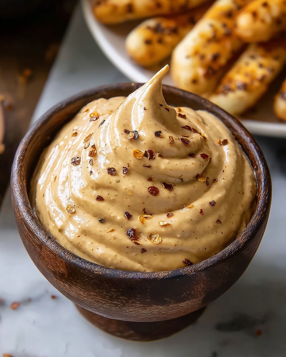 A small dark wooden bowl filled with a thick, creamy sauce that is light brown with a smooth, glossy texture, piled high in a swirled peak in the center. The sauce is sprinkled with coarse black pepper and red chili flakes, adding small dark and reddish spots on the surface. In the background, there are soft golden breadsticks with dark seasoning on a blurred white plate, all placed on a white marbled surface. photo taken with an iphone --ar 4:5 --v 7