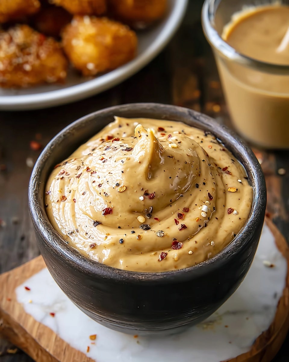 A small bowl filled with a thick, creamy, light brown sauce topped with specks of black pepper and red chili flakes, the sauce swirled into a peak at the center. The bowl is dark and round, sitting on a wooden surface with a white marbled texture. In the background, there are some seasoned baked snacks on a white plate and another glass bowl filled with a similar light brown sauce. photo taken with an iphone --ar 4:5 --v 7