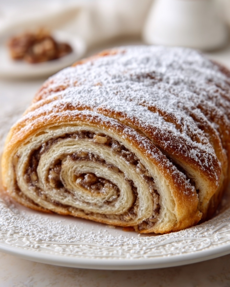 The image shows a loaf of rolled pastry placed on a white plate with delicate patterns. The pastry has multiple thick layers, alternating between a light golden dough and a darker, nutty filling, all tightly swirled to form a spiral pattern. The top of the loaf is dusted evenly with powdered sugar, adding a soft white contrast to the warm brown tones. In the background, blurred white and neutral colors add a gentle touch without drawing attention. The photo taken with an iphone --ar 4:5 --v 7