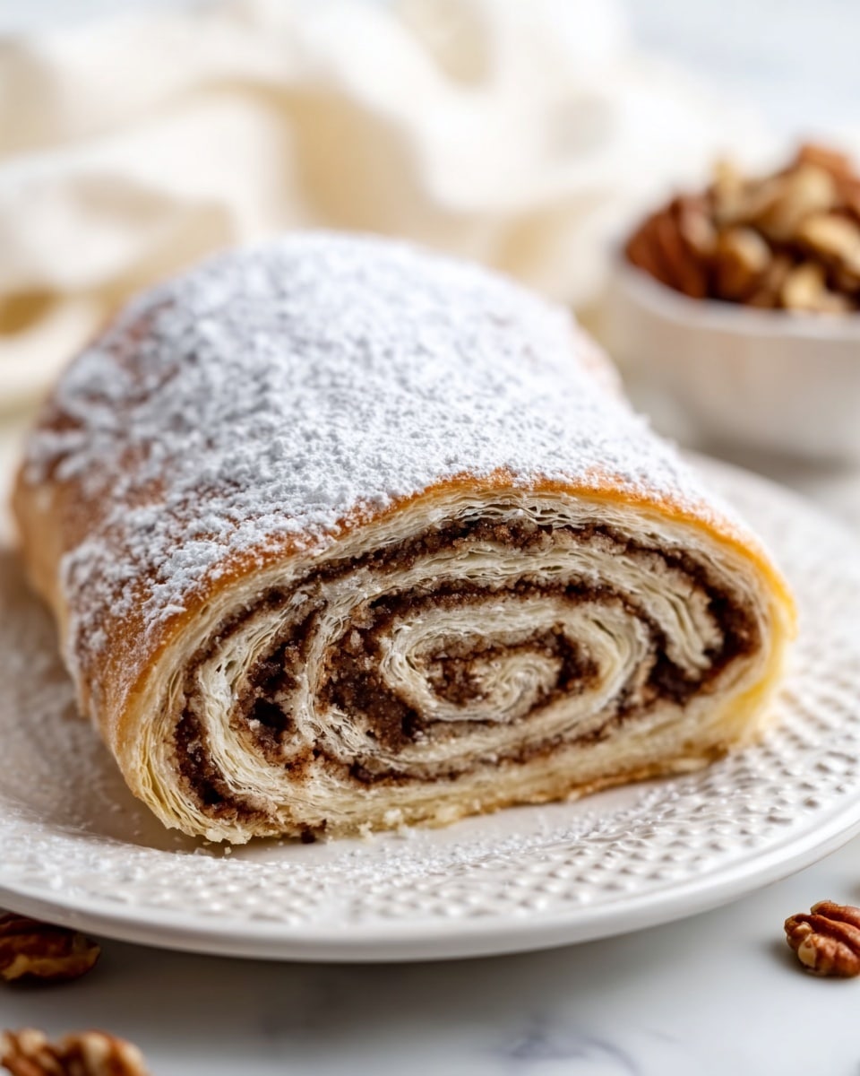 A close-up view of a rolled pastry with several visible layers of thin, light golden-brown dough swirling around a dark brown filling that looks like cinnamon or chocolate spread, topped with a light dusting of powdered sugar. The pastry rests on a white plate with ornate textures, placed on a white marbled surface. In the background, a white blurred cloth and a small bowl with nuts add subtle details. photo taken with an iphone --ar 4:5 --v 7
