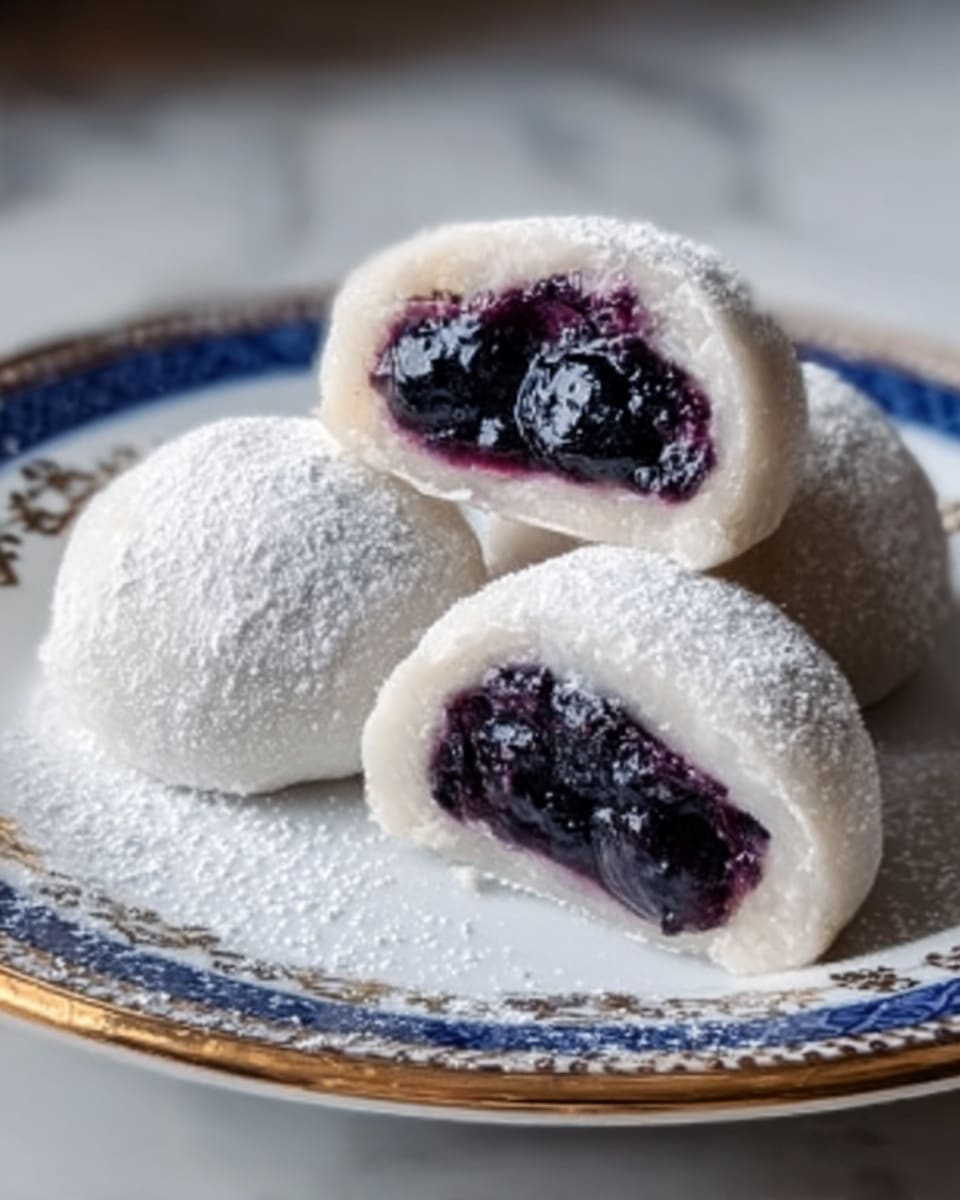 The image shows three white mochi balls filled with dark purple blueberry jam on a white plate with a blue and gold rim. One mochi is cut in half and leaning on another whole mochi, showing the thick, juicy blueberry filling inside. The mochi outer layer looks soft and dusted with white powder, creating a smooth and slightly powdery texture. The plate sits on a white marbled surface that gives a clean, elegant feel to the scene. Photo taken with an iphone --ar 4:5 --v 7