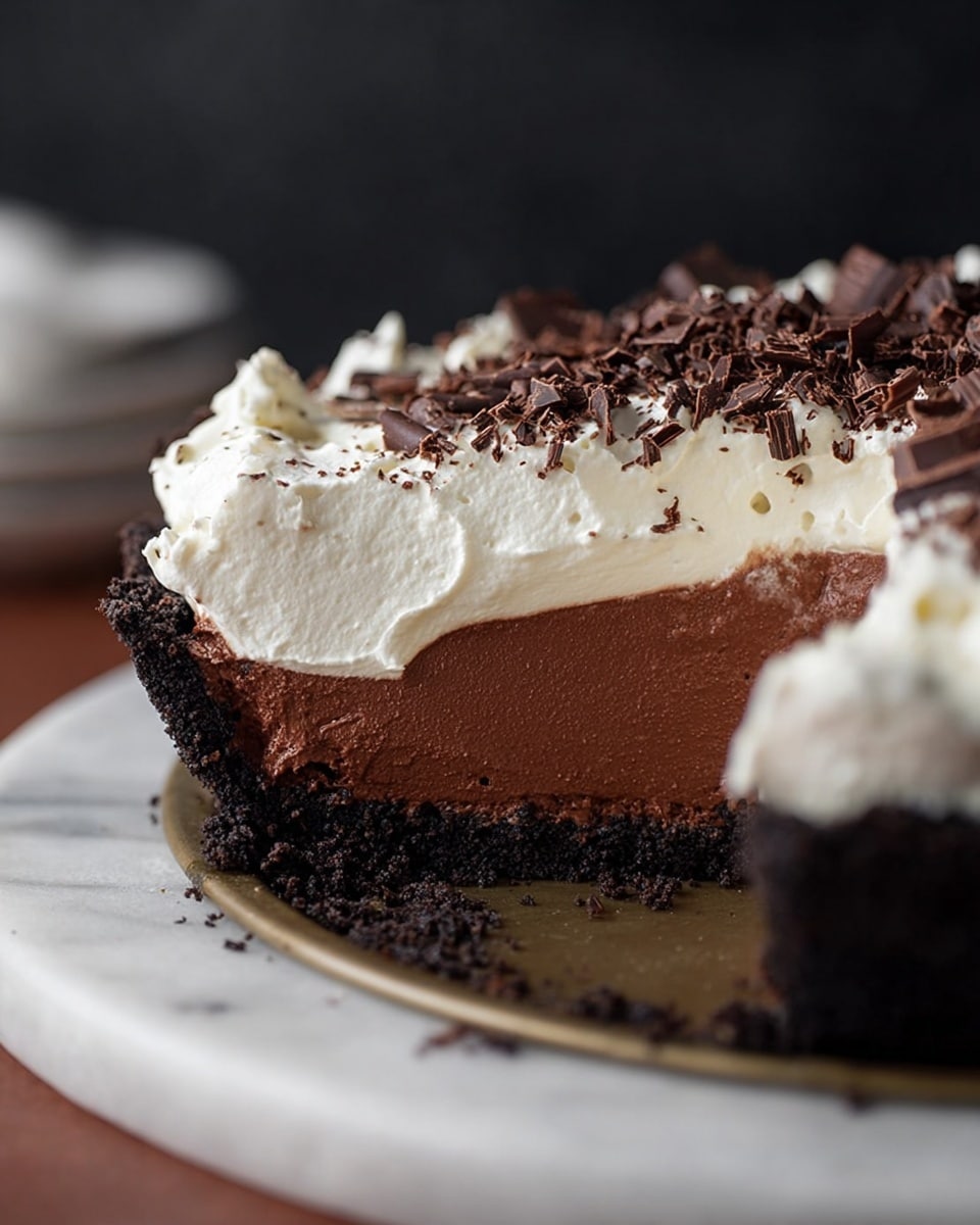 A close-up view of a three-layer dessert slice on a white plate with a beige speckled pattern, placed on a white marbled texture surface. The bottom layer is a dark, crumbly crust. Above it is a thick, smooth, dark chocolate filling that shows some texture marks on the side where a piece has been cut. The top layer is a thick, fluffy white cream covered with curled dark chocolate shavings. To the left of the slice, a metal fork lies on the plate with some chocolate crumbs around it. Photo taken with an iphone --ar 4:5 --v 7