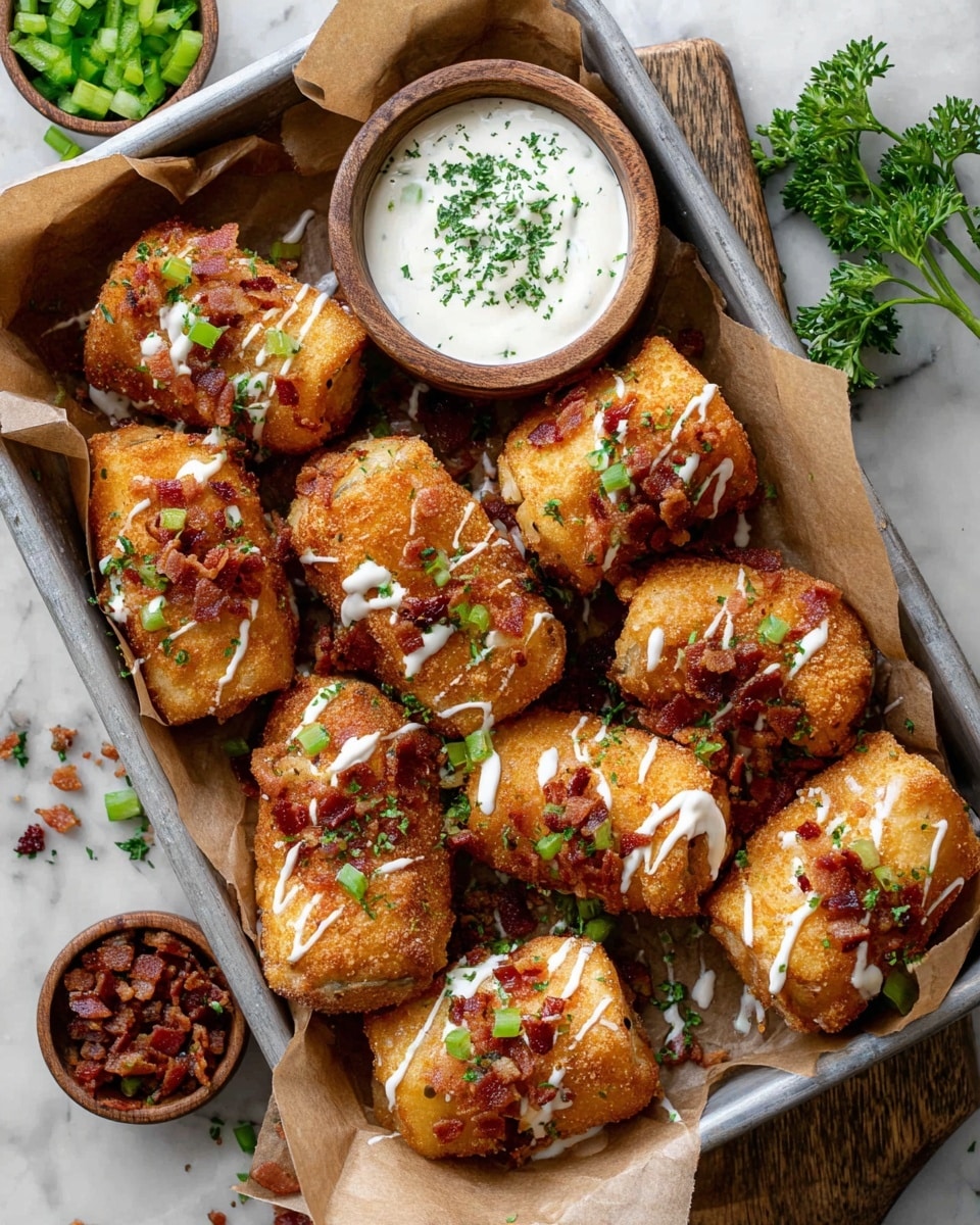 A metal tray with a layer of brown parchment paper holds ten golden-brown, crispy fried rolls arranged in two overlapping rows. The rolls have a textured, bubbly surface and are topped with small pieces of crispy bacon and chopped green bell pepper. White creamy sauce is drizzled over the rolls in thin lines. On the upper left corner of the tray, there is a small wooden bowl filled with white dipping sauce sprinkled with green herbs. Around the tray, on a white marbled texture, there are a few scattered chopped bacon, green bell pepper pieces, and green parsley sprigs. photo taken with an iphone --ar 4:5 --v 7
