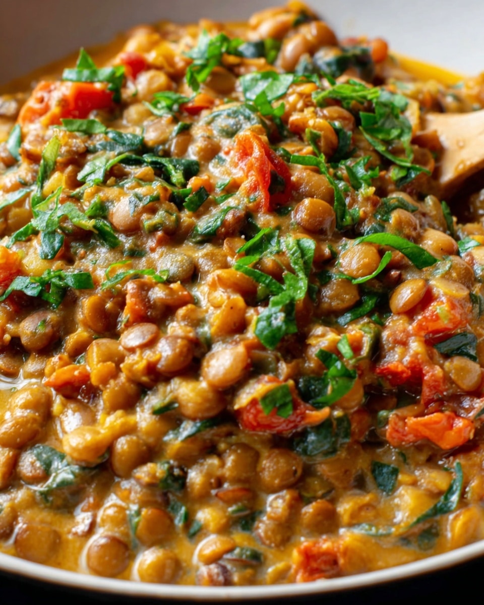 A close-up view of a dish filled with cooked lentils mixed with small pieces of red bell pepper and green herbs scattered on top. The lentils are in a creamy, thick sauce that has a warm beige color with some hints of light orange. The dish is shown in a pan with a beige wooden spoon resting on the side, partially lifting some of the lentils. The background is a white marbled surface, giving a clean and bright look to the image. Photo taken with an iphone --ar 4:5 --v 7