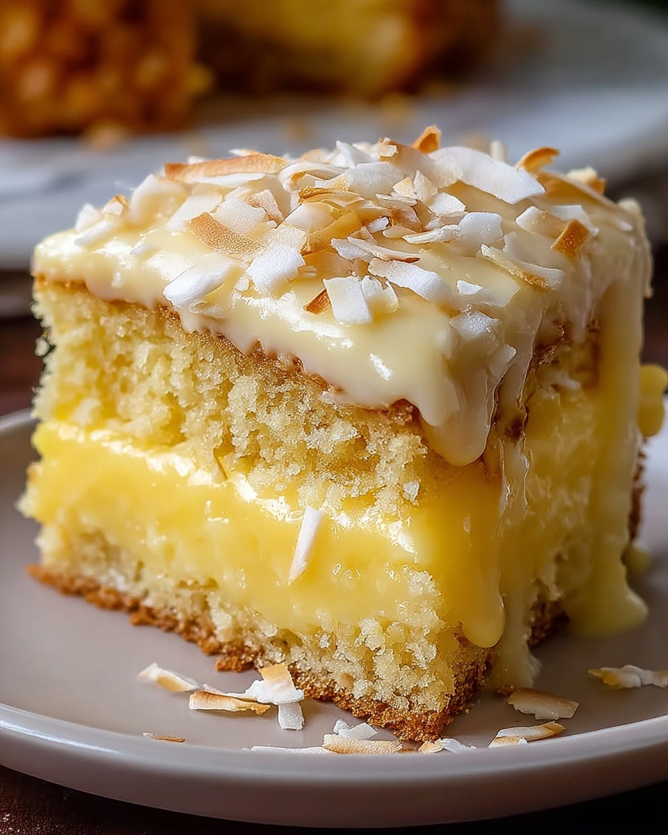 A close-up view of a two-layer slice of yellow cake on a white plate. The bottom layer is a moist, dense yellow cake, topped with a thick, creamy yellow custard layer. Above that is another thick yellow cake layer, covered by a smooth, glossy light yellow glaze that drips slightly down the side. The top is scattered with white and light brown coconut flakes. The setting includes a white marbled surface in the background. photo taken with an iphone --ar 4:5 --v 7